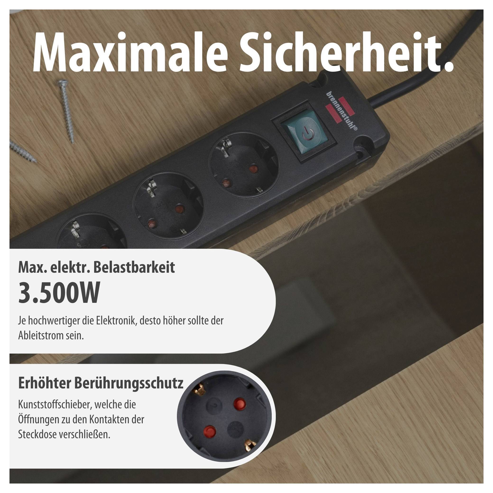 Werbebild einer Steckdosenleiste mit dem Text 'Maximale Sicherheit', '3.500W' und Hinweis auf erhöhten Berührungsschutz durch Kunststoffschieber.