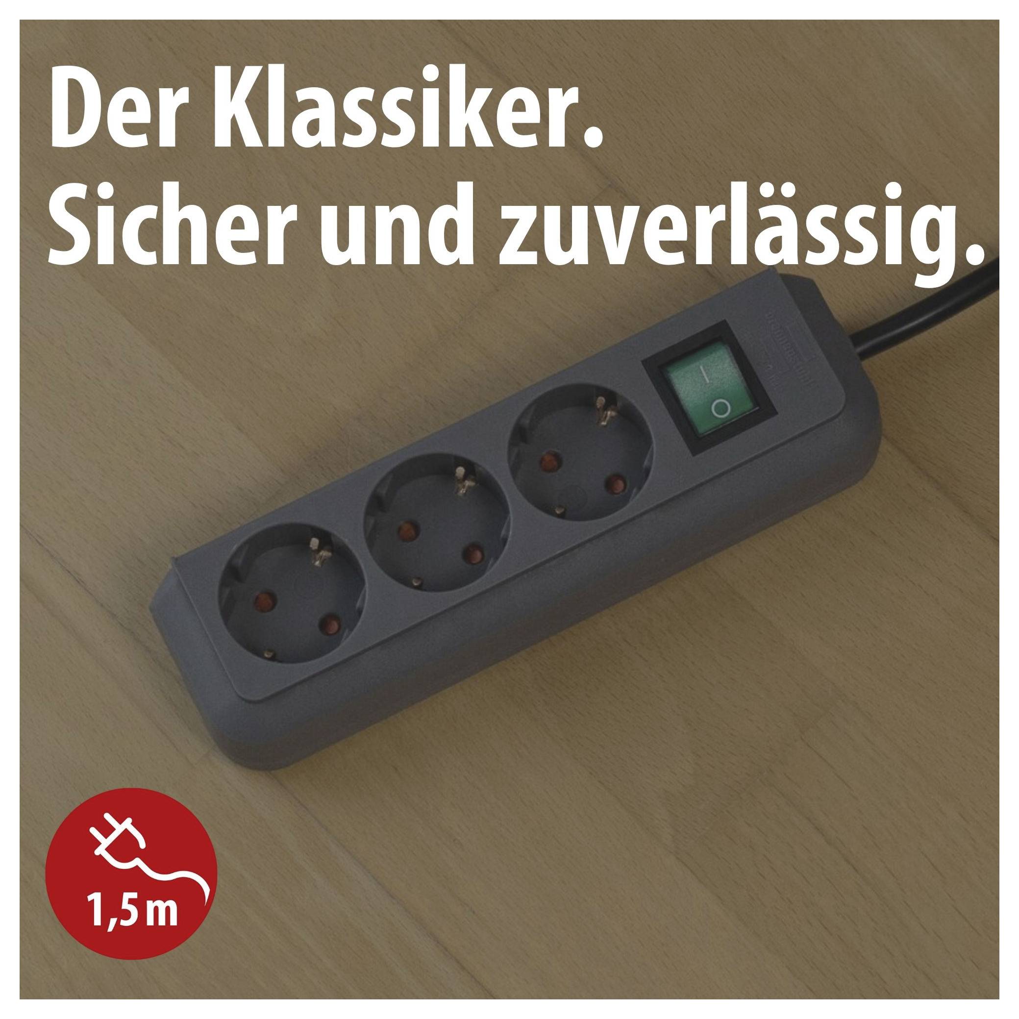 Mehrfachsteckdose mit drei Steckplätzen und Schalter; Text: 'Der Klassiker. Sicher und zuverlässig.' sowie Hinweis '1,5 m'.