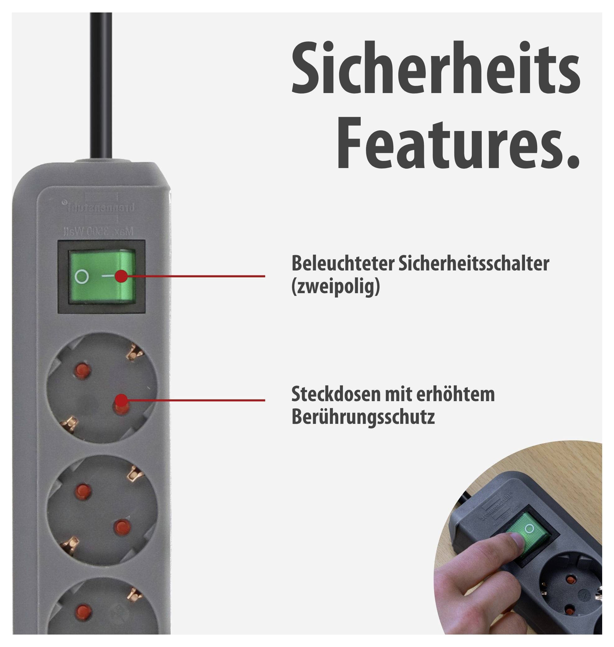 Mehrfachsteckdose mit beleuchtetem zweipoligem Sicherheitsschalter und Steckdosen mit erhöhtem Berührungsschutz; Detailbild zeigt das Einschalten per Finger.