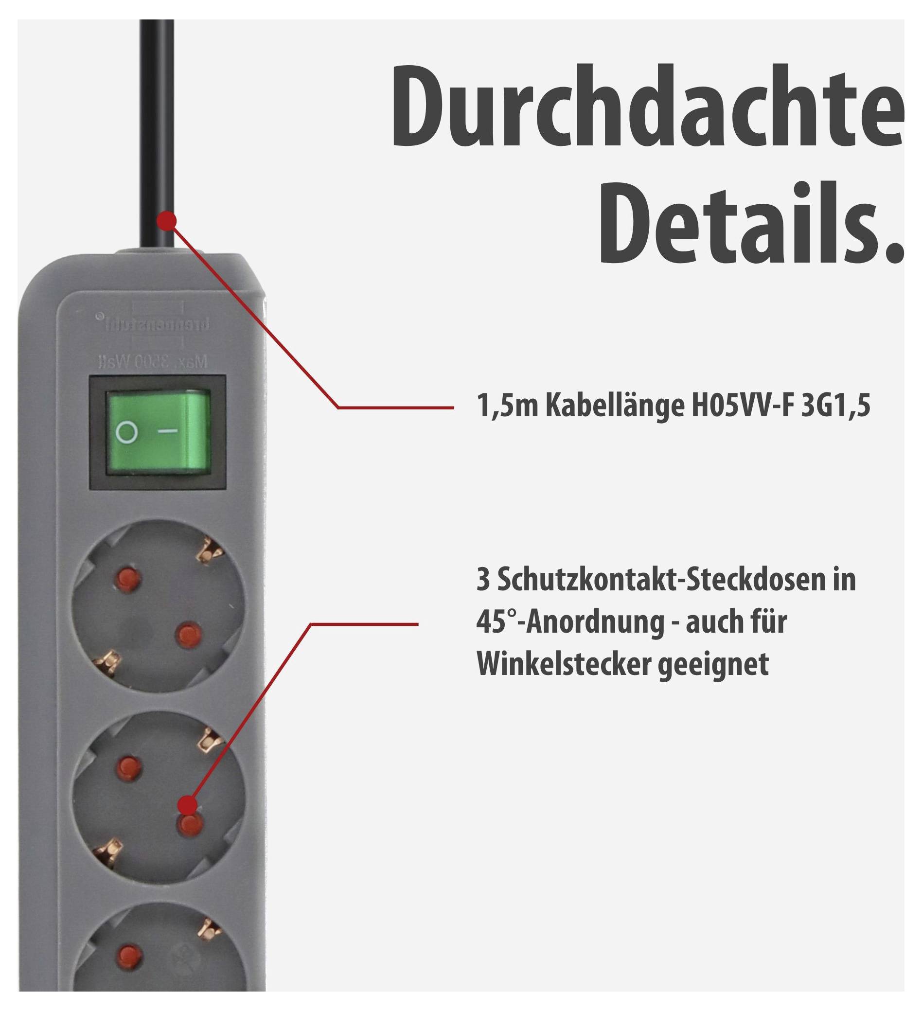 Produktfoto einer grauen Steckdosenleiste mit Schalter; hervorgehoben sind 1,5 m Kabellänge und 3 Schutzkontakt-Steckdosen in 45°-Anordnung für Winkelstecker.