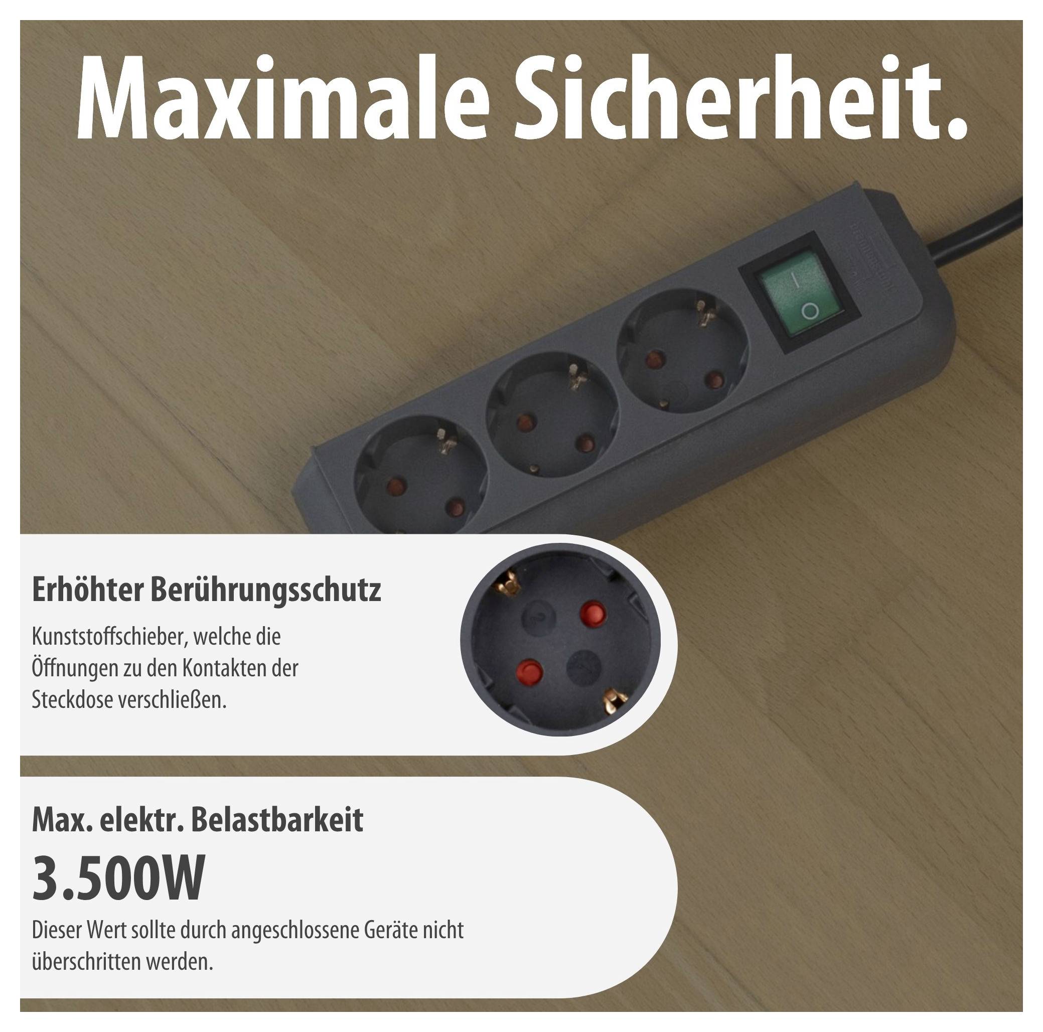 Werbung für eine Steckdosenleiste mit Ein-/Ausschalter; Text betont 'Maximale Sicherheit', erhöhten Berührungsschutz und max. Belastbarkeit von 3.500 W.