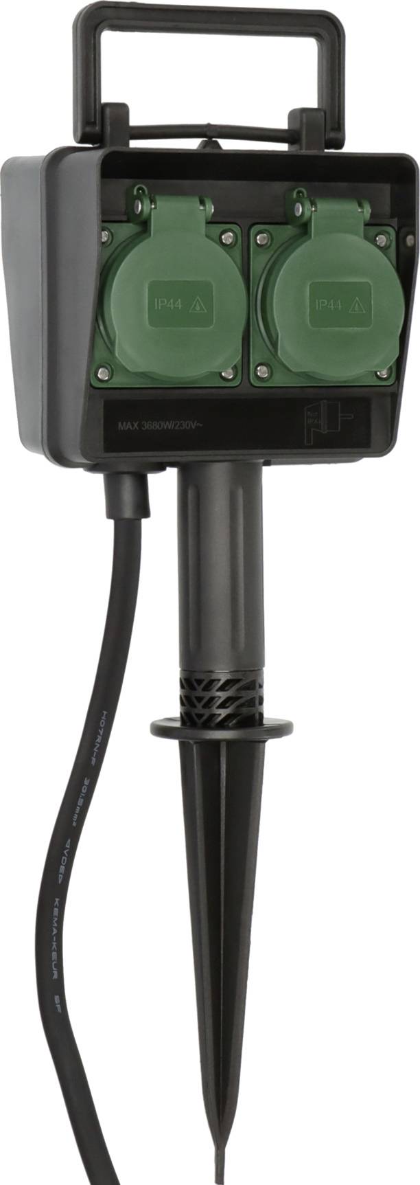 Ein schwarzer Erdspiess mit zwei grünen Steckdosen oben und einem Stromkabel, geeignet für den Außenbereich zur Stromversorgung.
