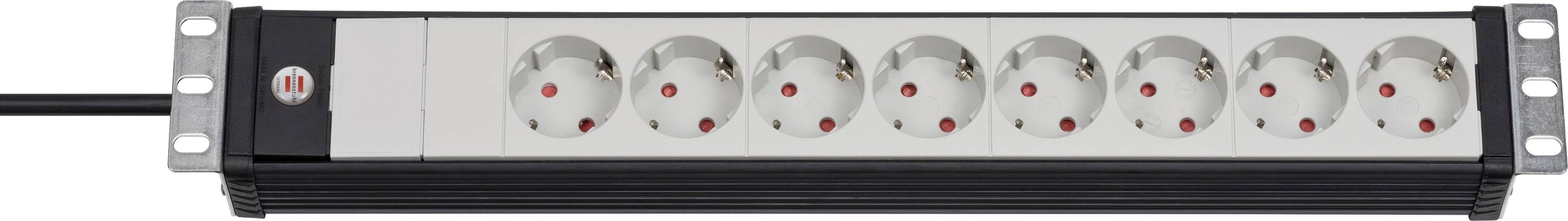 19-Zoll-Rack-Steckdosenleiste mit acht geerdeten Steckdosen und schwarzem Stromkabel auf der linken Seite.