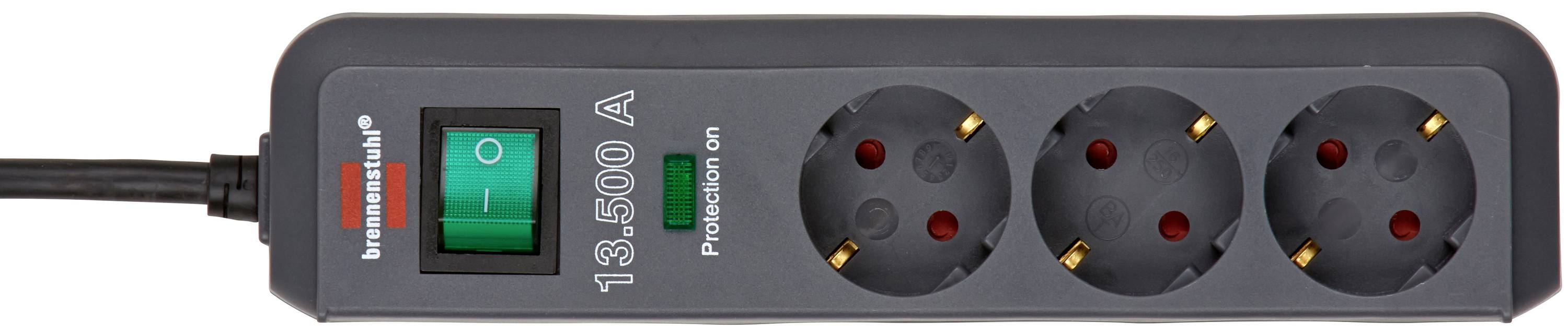 Schwarze Steckdosenleiste mit Überspannungsschutz, drei Steckplätzen und grünem Ein-/Ausschalter.