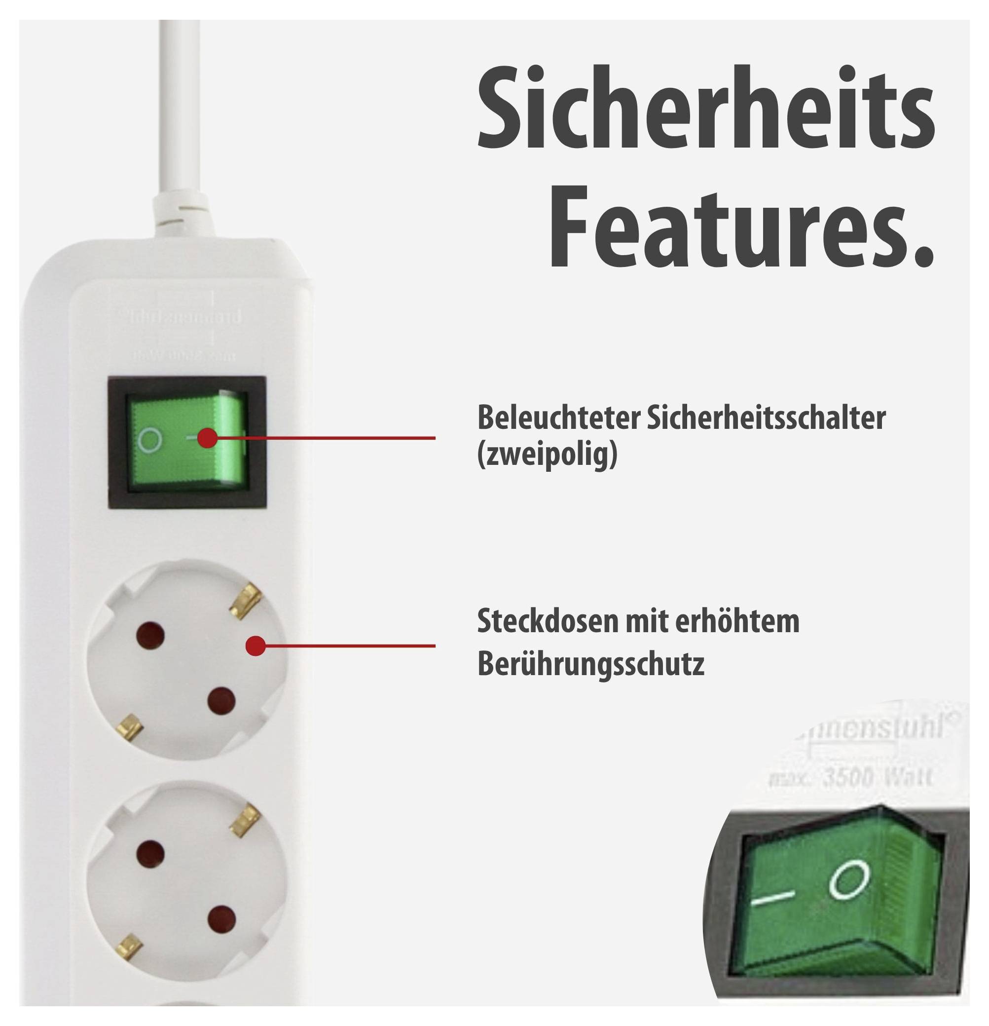 Infografik zu Sicherheitsfunktionen einer Steckdosenleiste: beleuchteter zweipoliger Sicherheitsschalter und Steckdosen mit erhöhtem Berührungsschutz.