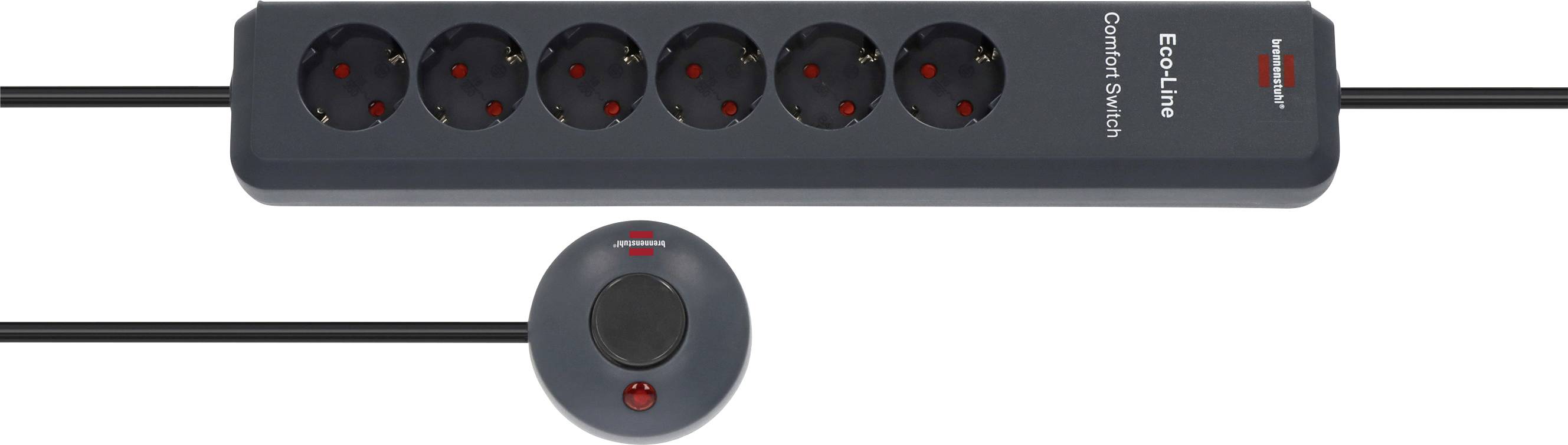 Schwarze Steckdosenleiste mit sechs Steckdosen und Kabel, gepaart mit einem runden Inline-Schaltermodul auf weißem Hintergrund.