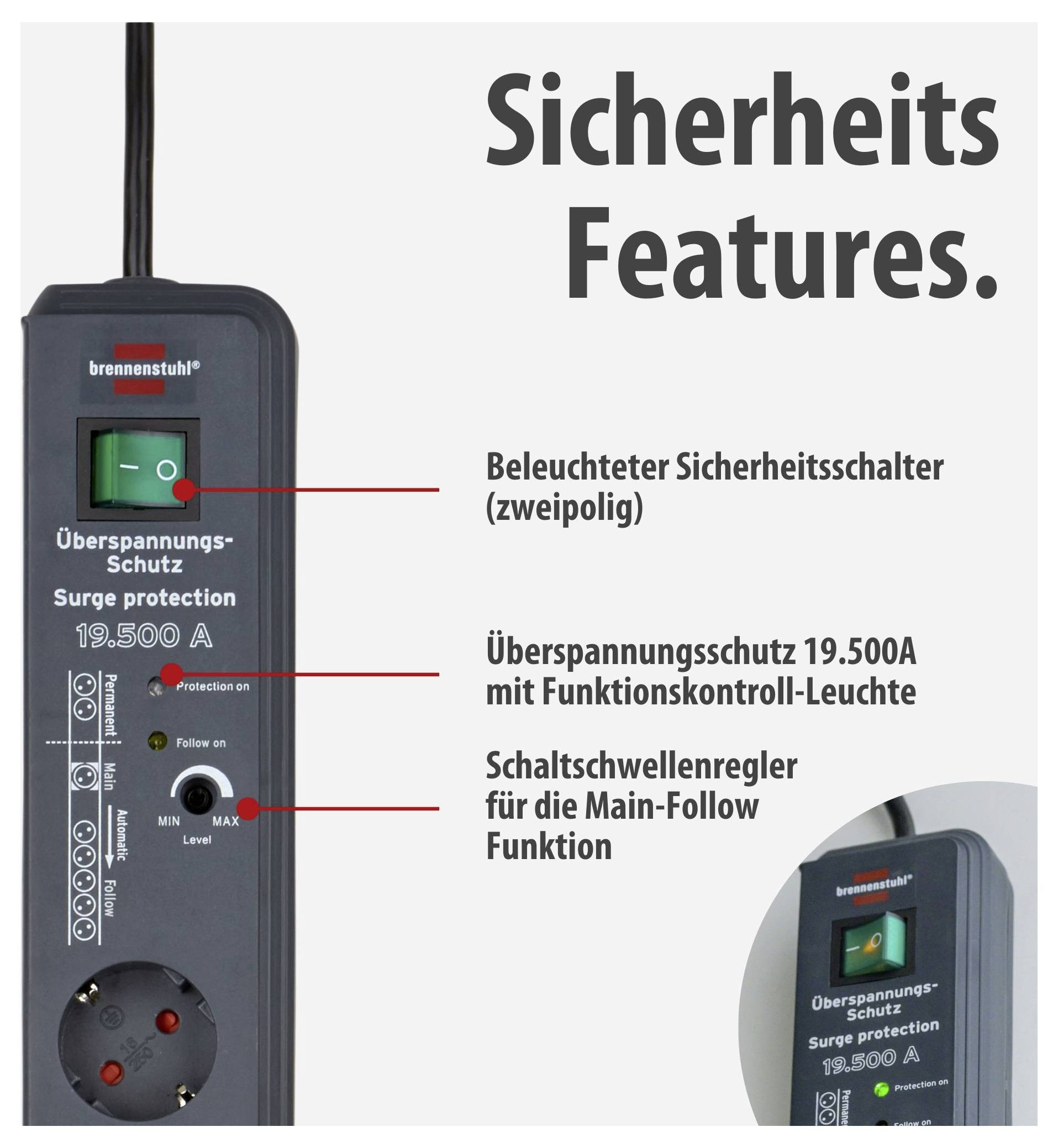 Produktgrafik einer Steckdosenleiste mit Überspannungsschutz; zeigt beleuchteten Sicherheitsschalter, Funktionskontroll-Leuchte und Schaltwellengler für Main-Follow-Funktion.