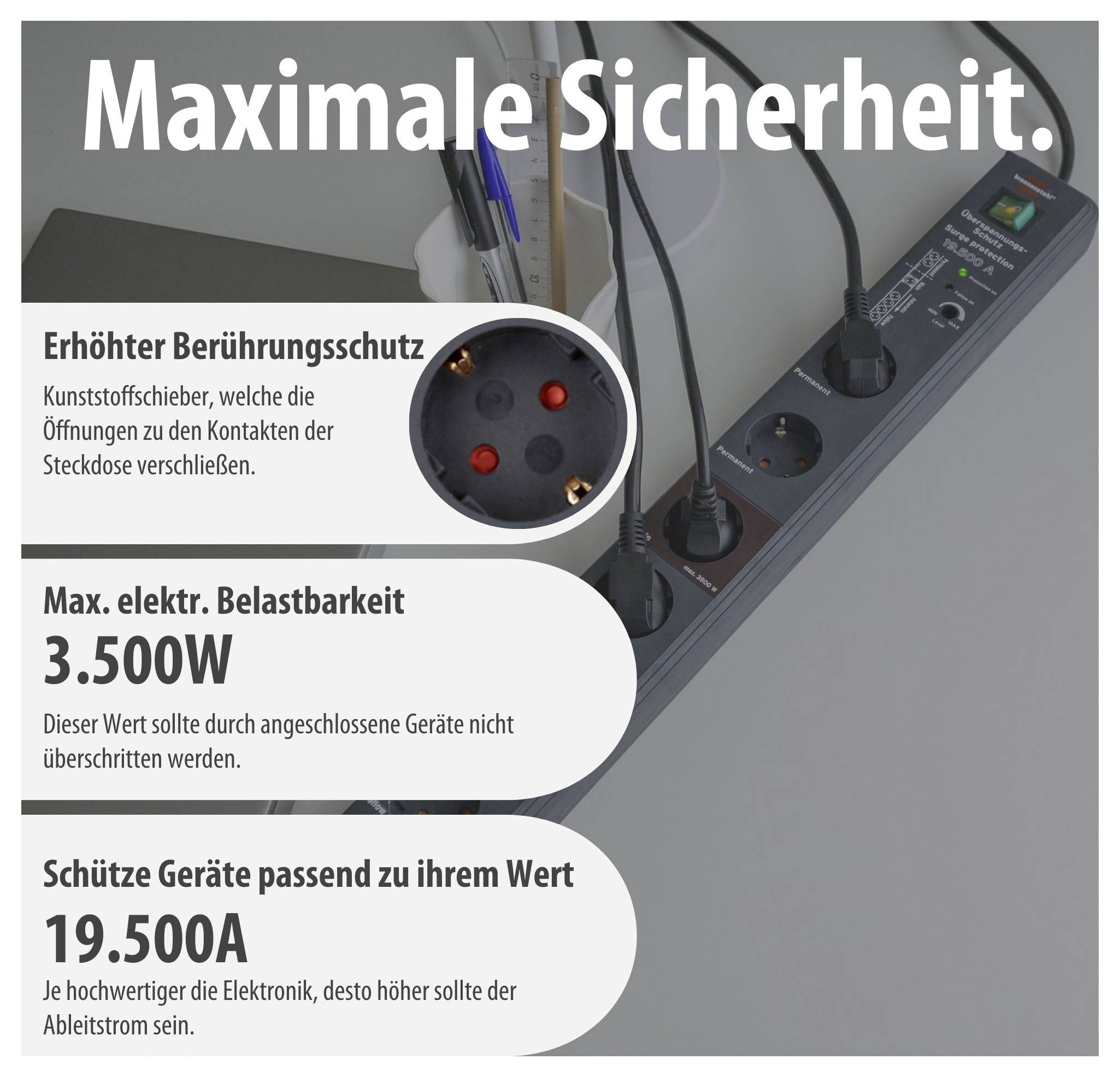 Werbegrafik für Steckdosenleiste mit Hinweis 'Maximale Sicherheit' und drei Vorteilen: Berührungsschutz, max. 3.500W, 19.500A Ableitstrom.