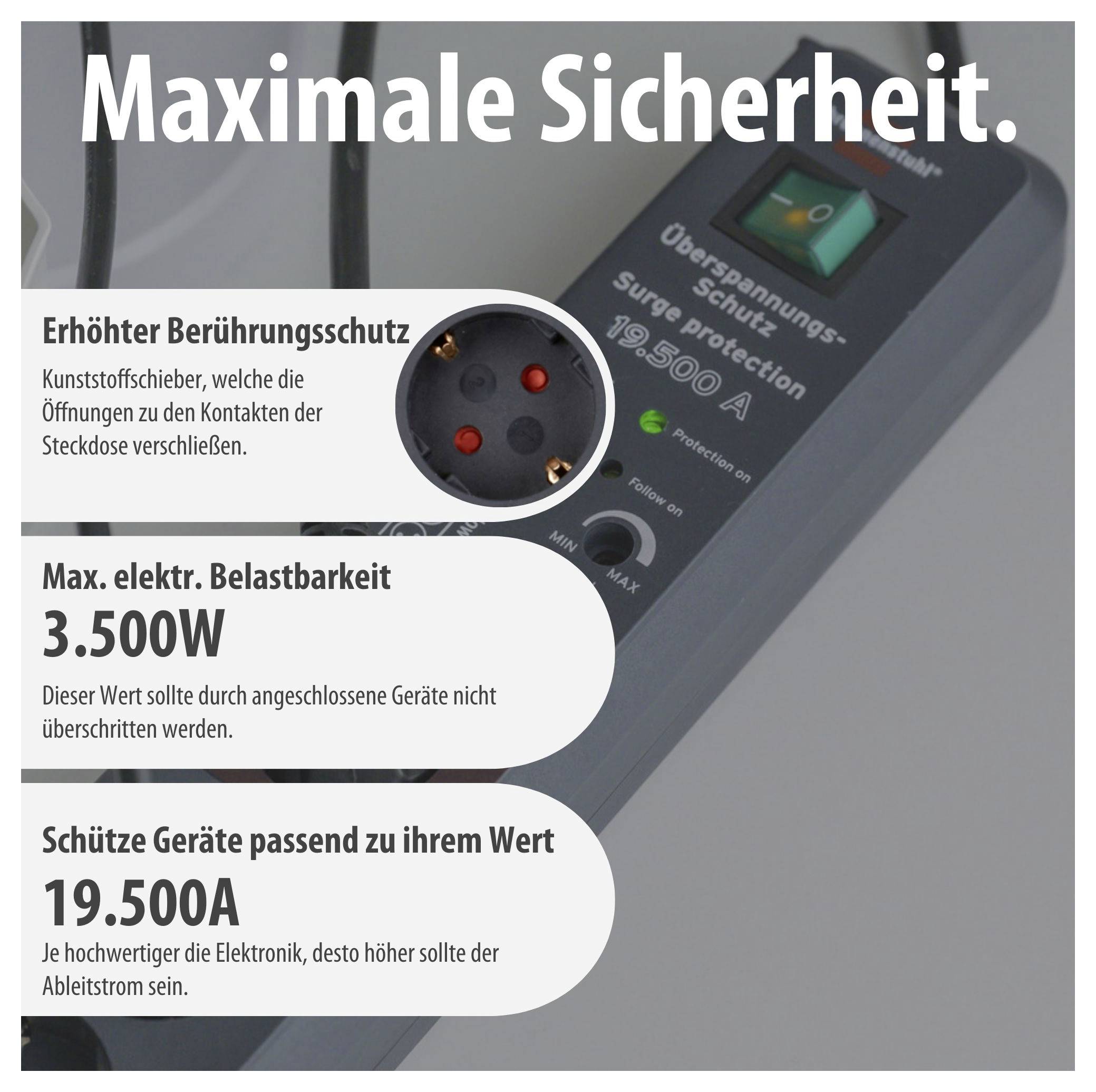 Werbeanzeige für Überspannungsschutz mit dem Titel 'Maximale Sicherheit', zeigt erhöhten Berührungsschutz, 3.500 W und 19.500 A für Steckdosenschutz.