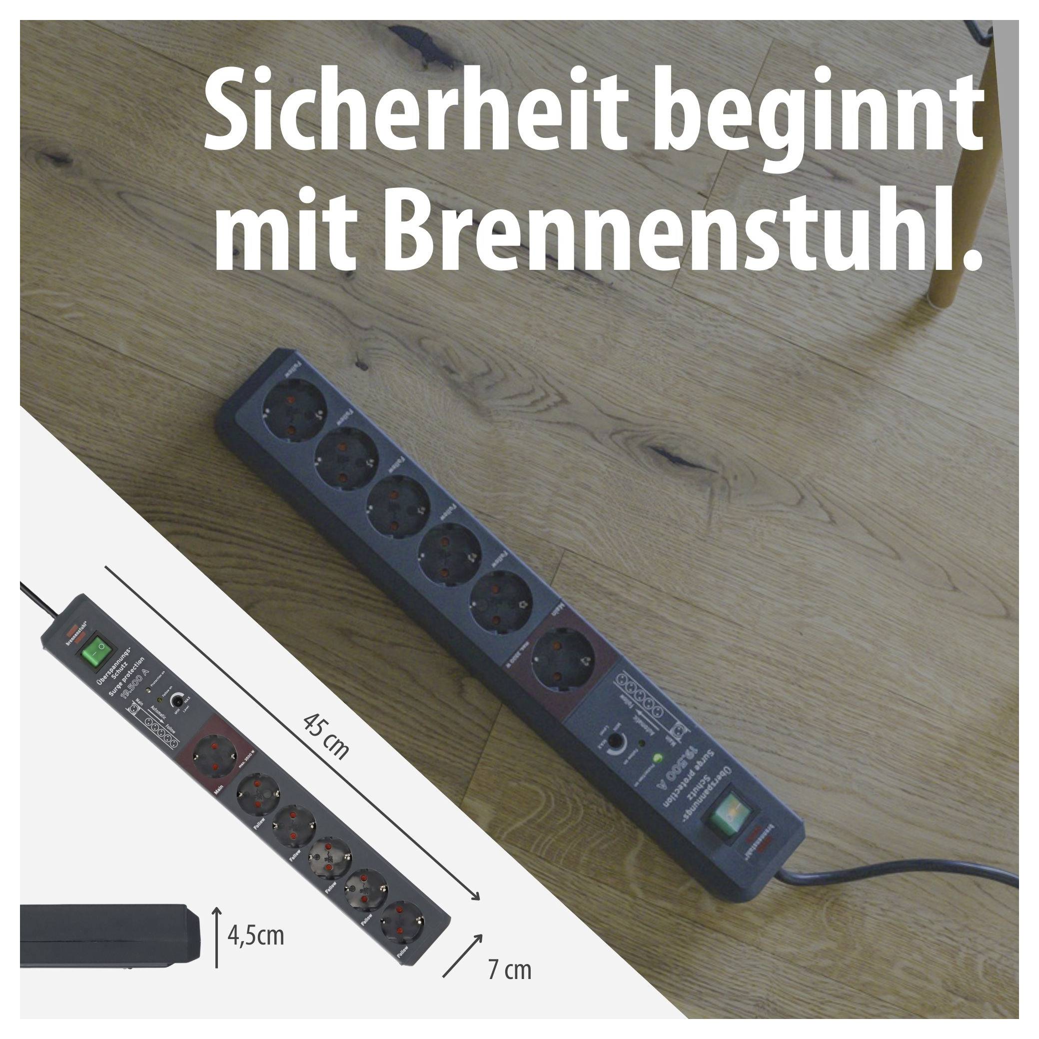 Werbebild für eine Steckdosenleiste mit dem Text 'Sicherheit beginnt mit Brennenstuhl.'; zeigt längliche Mehrfachsteckdose auf Holzboden mit Maßangaben.