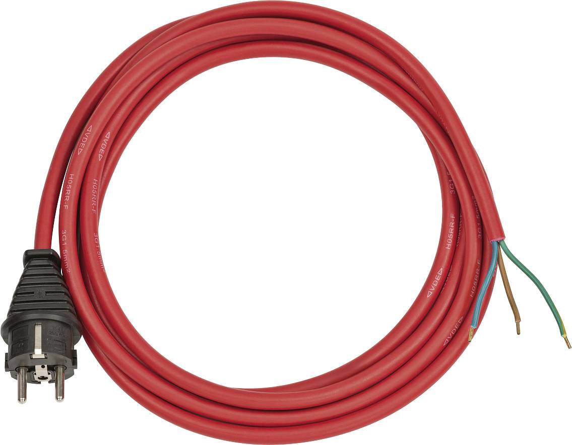 Aufgerolltes rotes Stromkabel mit europäischem zweipoligen Stecker an einem Ende und freiliegenden grünen, blauen und braunen Drähten am anderen Ende.