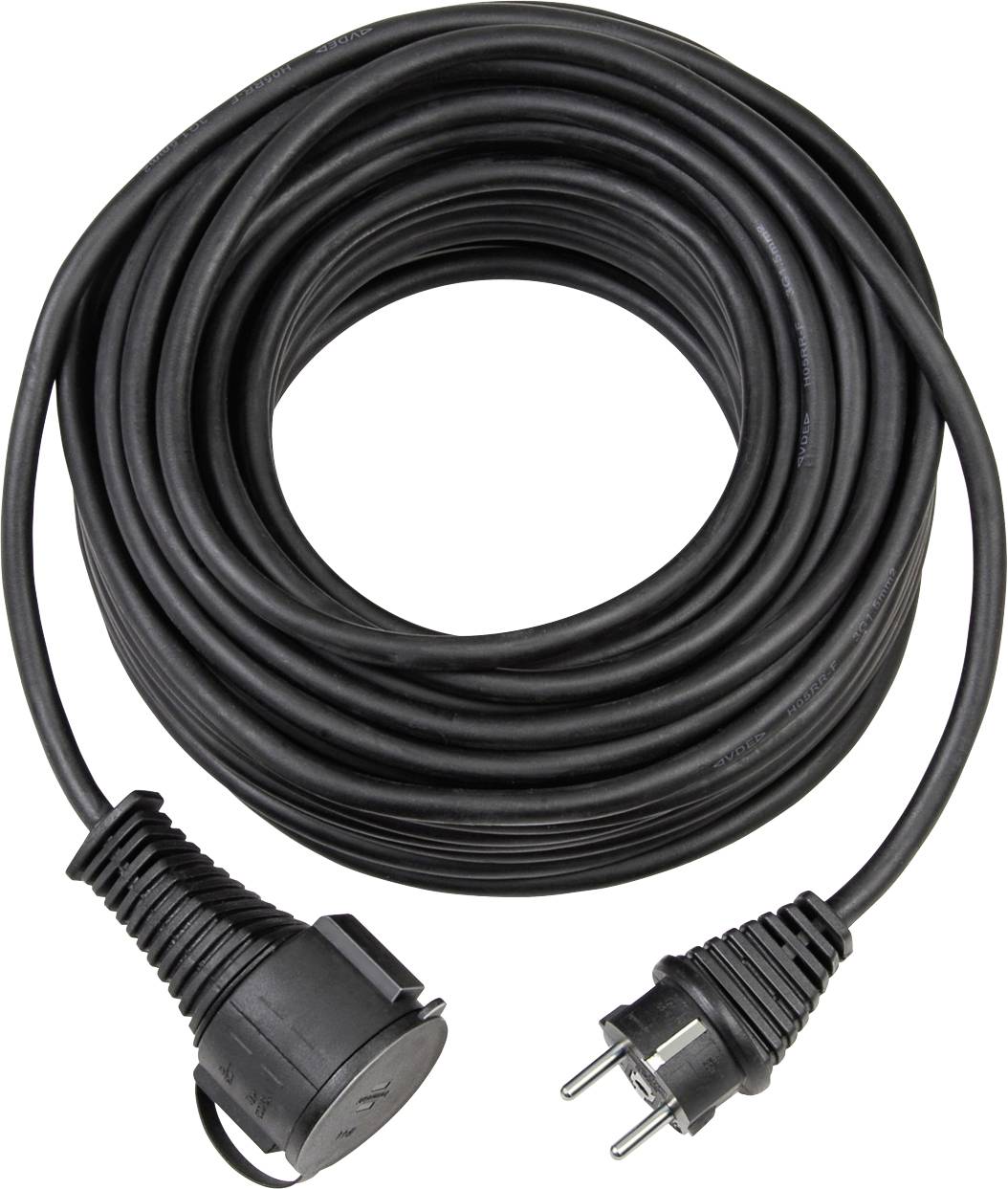 Aufgerolltes schwarzes Stromverlängerungskabel mit europäischem zweipoligem Stecker an einem Ende und einer Steckdose am anderen Ende, gezeigt auf weißem Hintergrund.