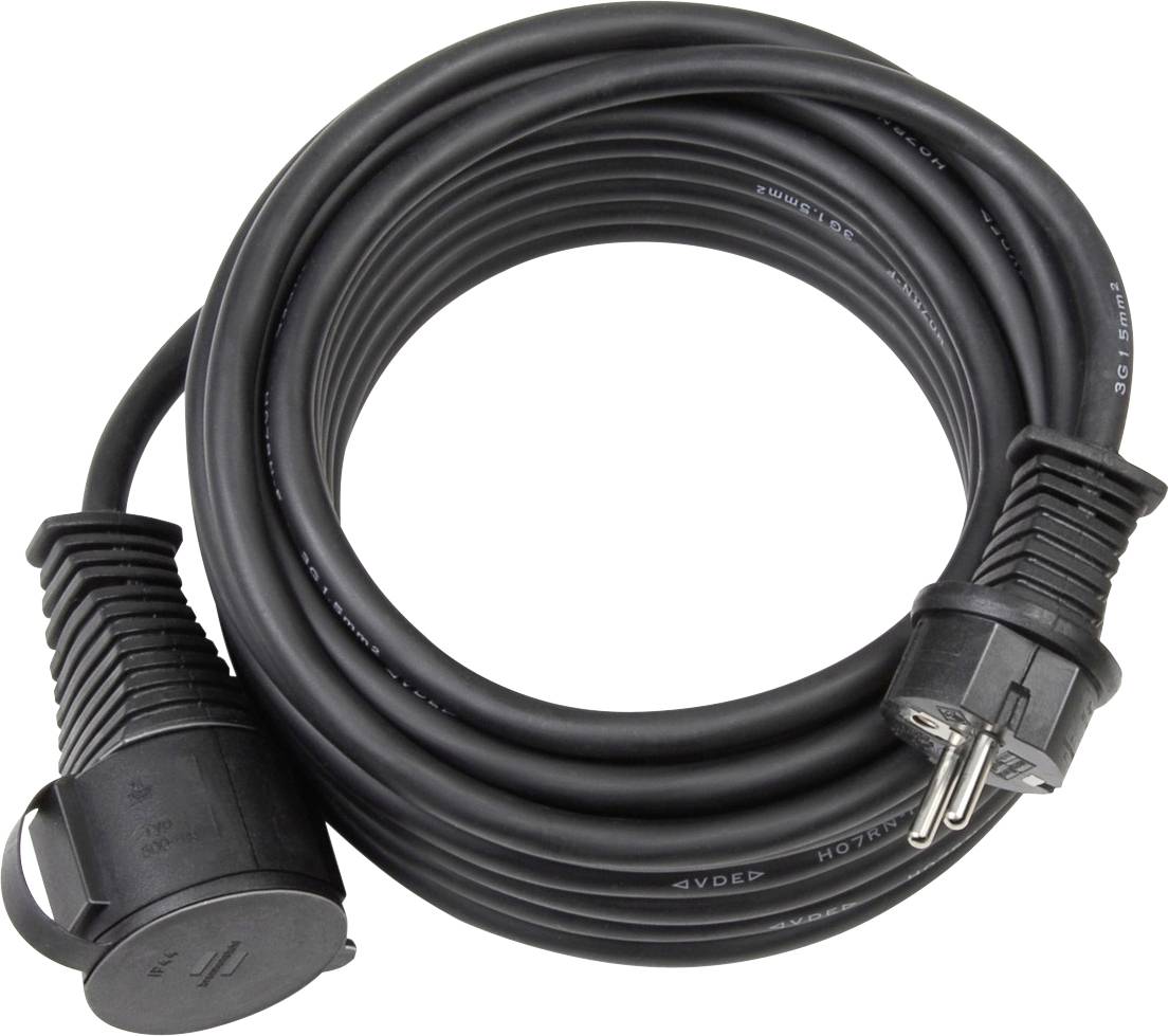 Ein langes, schwarzes Verlängerungskabel mit europäischem Stecker und Kupplung, sauber aufgewickelt, geeignet für den Innen- und Außenbereich.