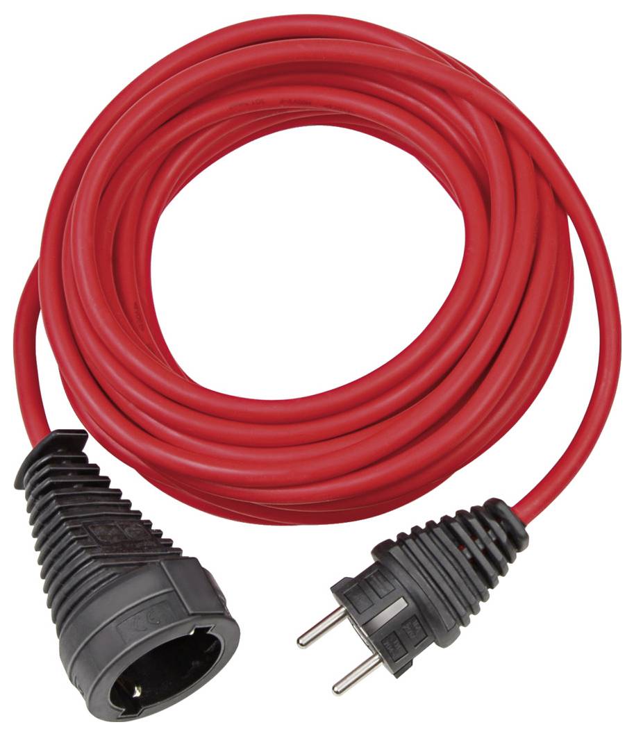 Rotes Verlängerungskabel, aufgerollt mit schwarzem Stecker und Buchsenenден auf weißem Hintergrund.