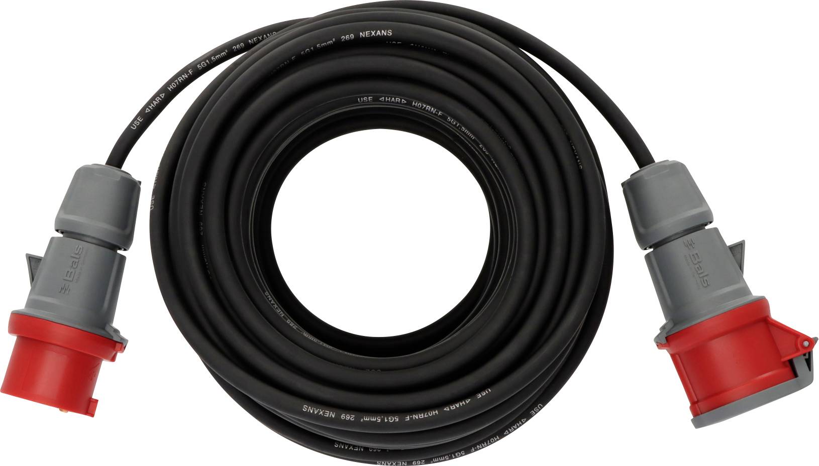 Schwarzes Stromkabel mit roten Steckverbindern an beiden Enden, meist genutzt für industrielle Anwendungen oder Veranstaltungen.