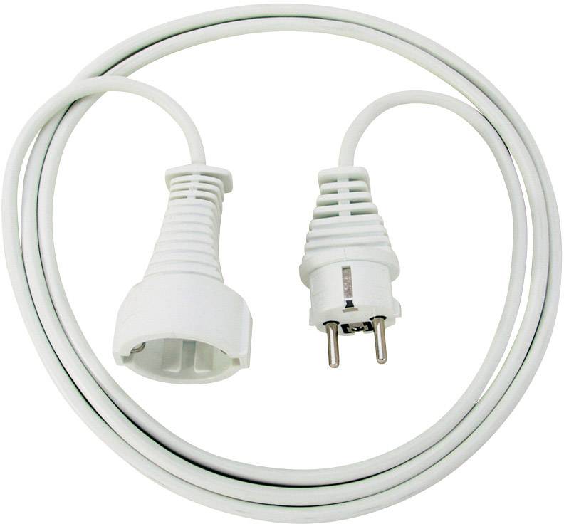 Ein weißes Verlängerungskabel mit einem Schuko-Stecker und einer Kupplung, aufgerollt auf einem neutralen Hintergrund sichtbar.