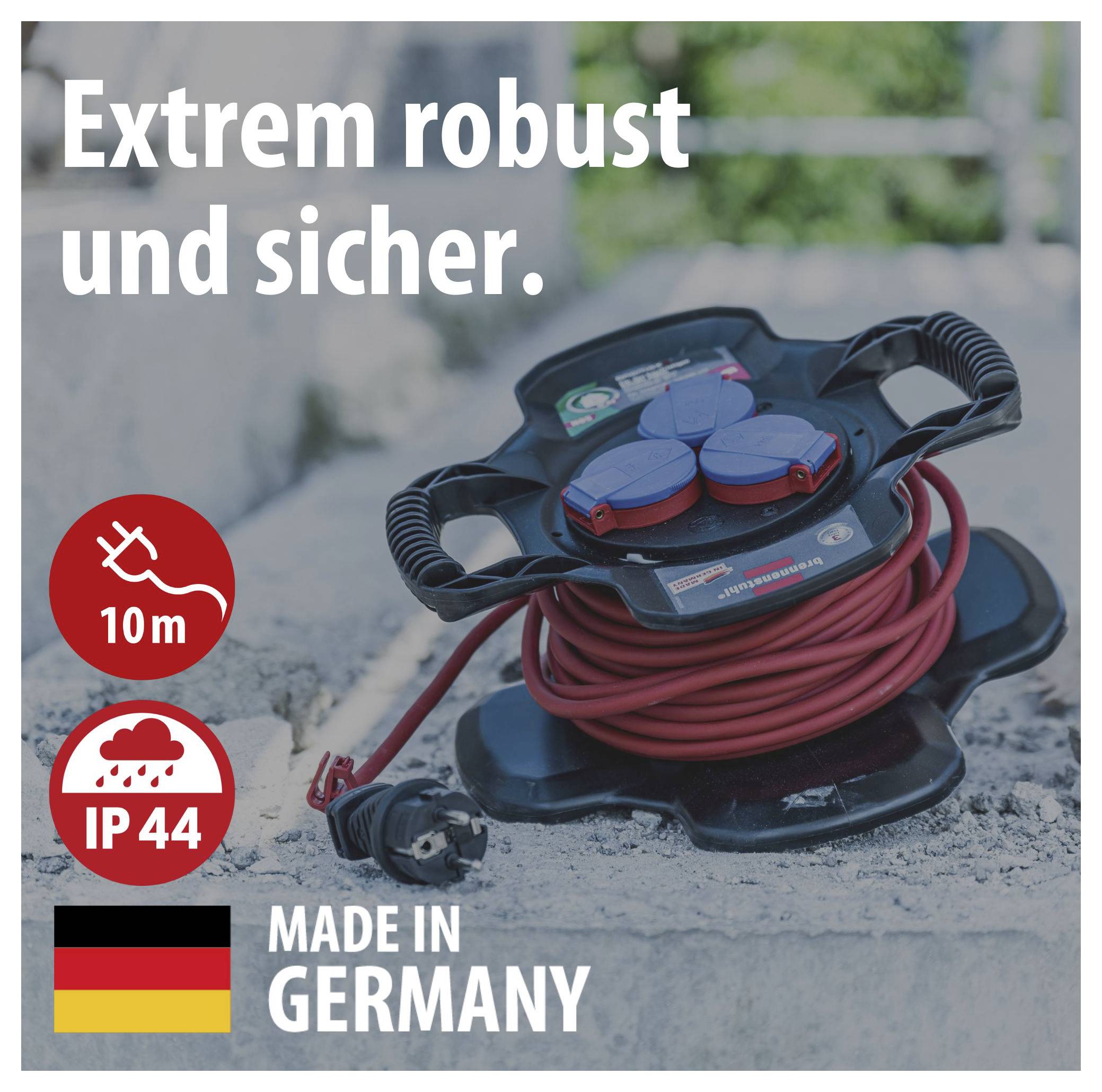 Robuster Kabelaufroller mit Steckdosen, beworben mit 'Extrem robust und sicher.', 10 m, IP44, 'Made in Germany'.