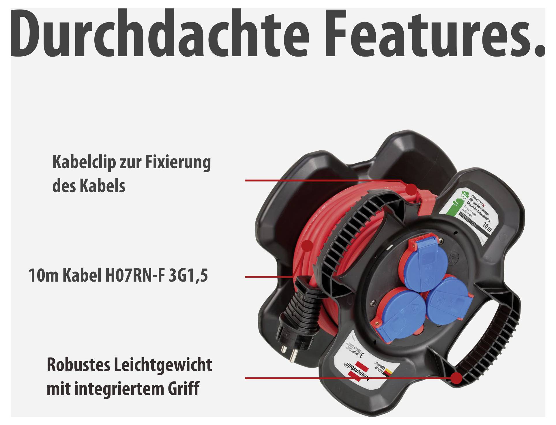 Produktgrafik einer Kabeltrommel mit dem Titel 'Durchdachte Features'; markiert sind Kabelclip, 10 m Kabel H07RN-F 3G1,5 und integrierter Griff.