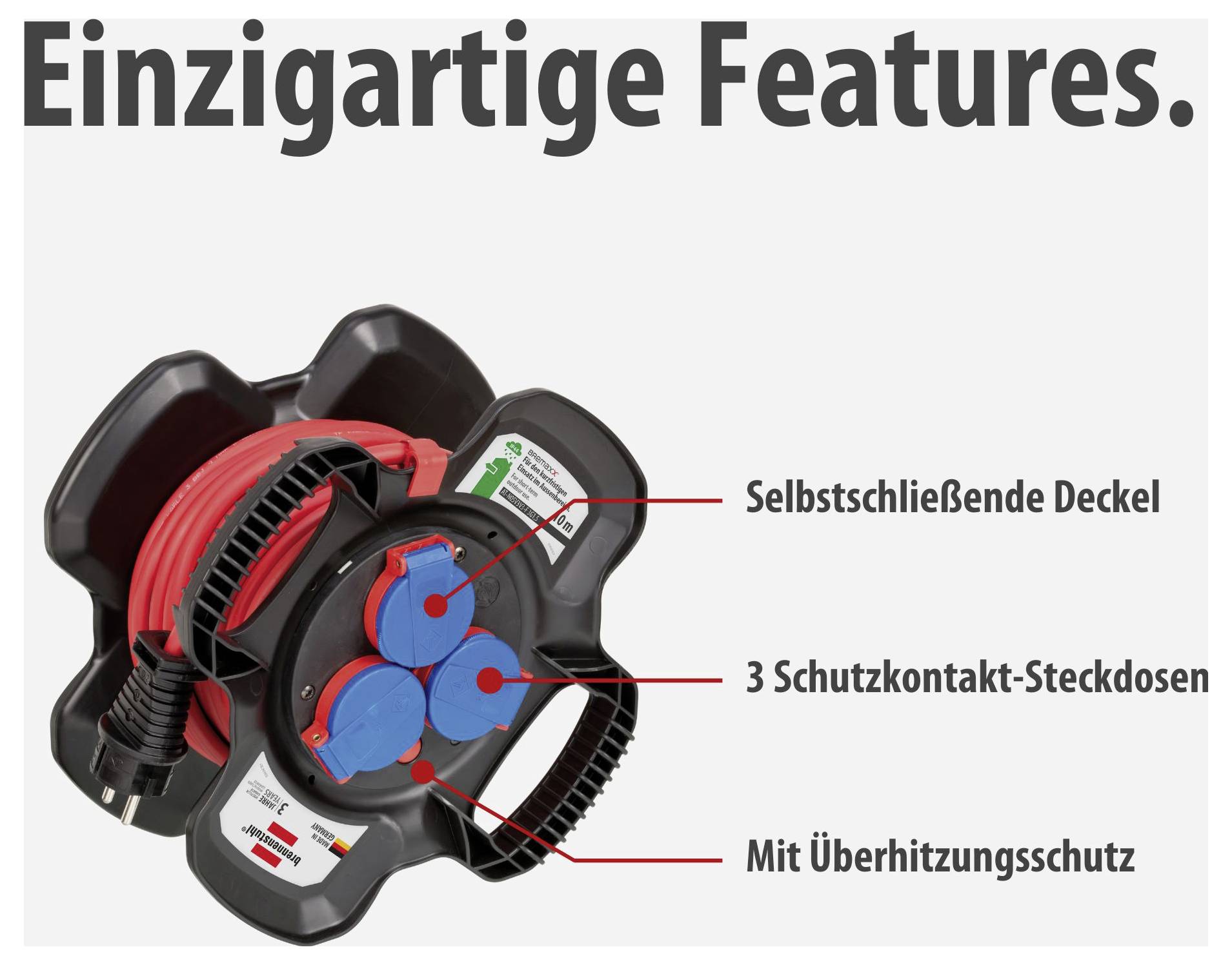 Werbegrafik einer Mehrfachsteckdose mit den Hinweisen 'Selbstschließende Deckel', '3 Schutzkontakt-Steckdosen' und 'Mit Überhitzungsschutz'.