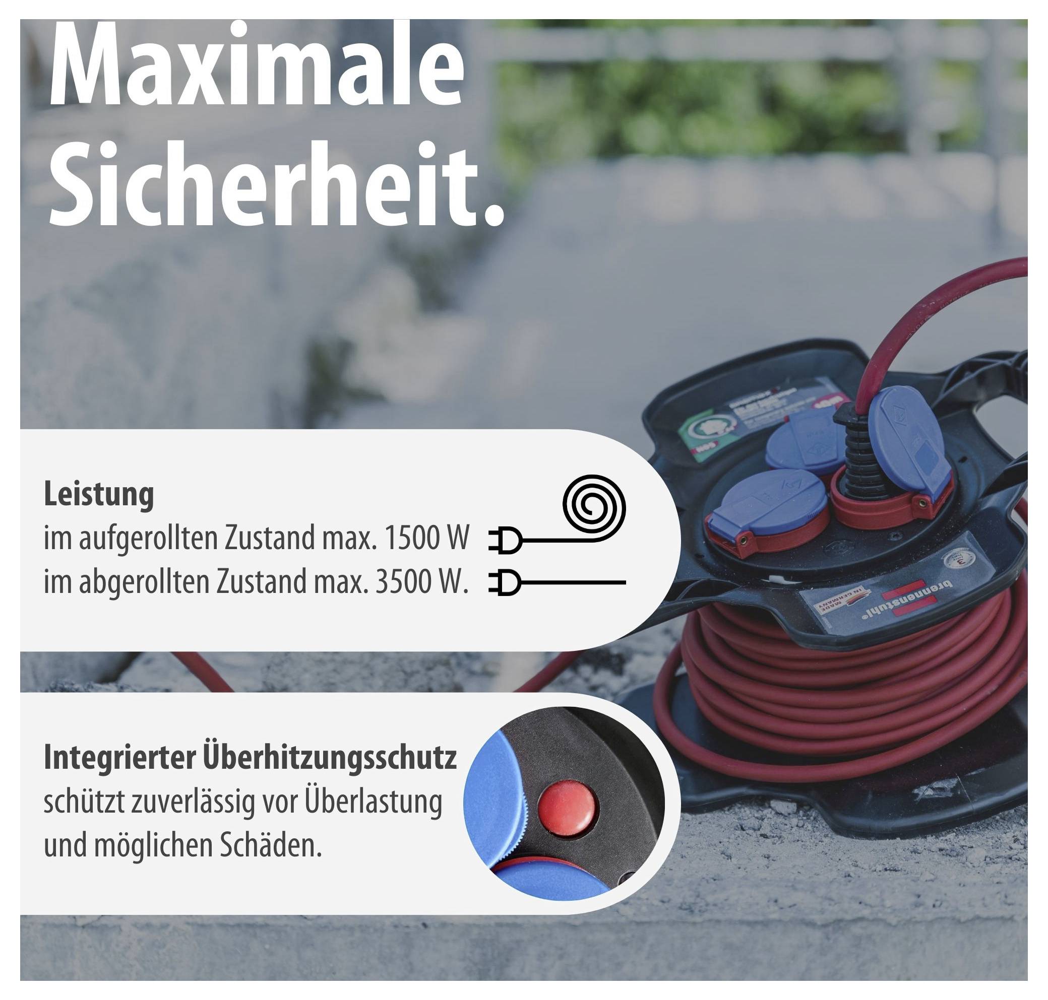 Werbegrafik zu einem Kabeltrommel-Verlängerungskabel: 'Maximale Sicherheit.'; Leistung max. 1500 W aufgerollt, 3500 W abgerollt; integrierter Überhitzungsschutz.