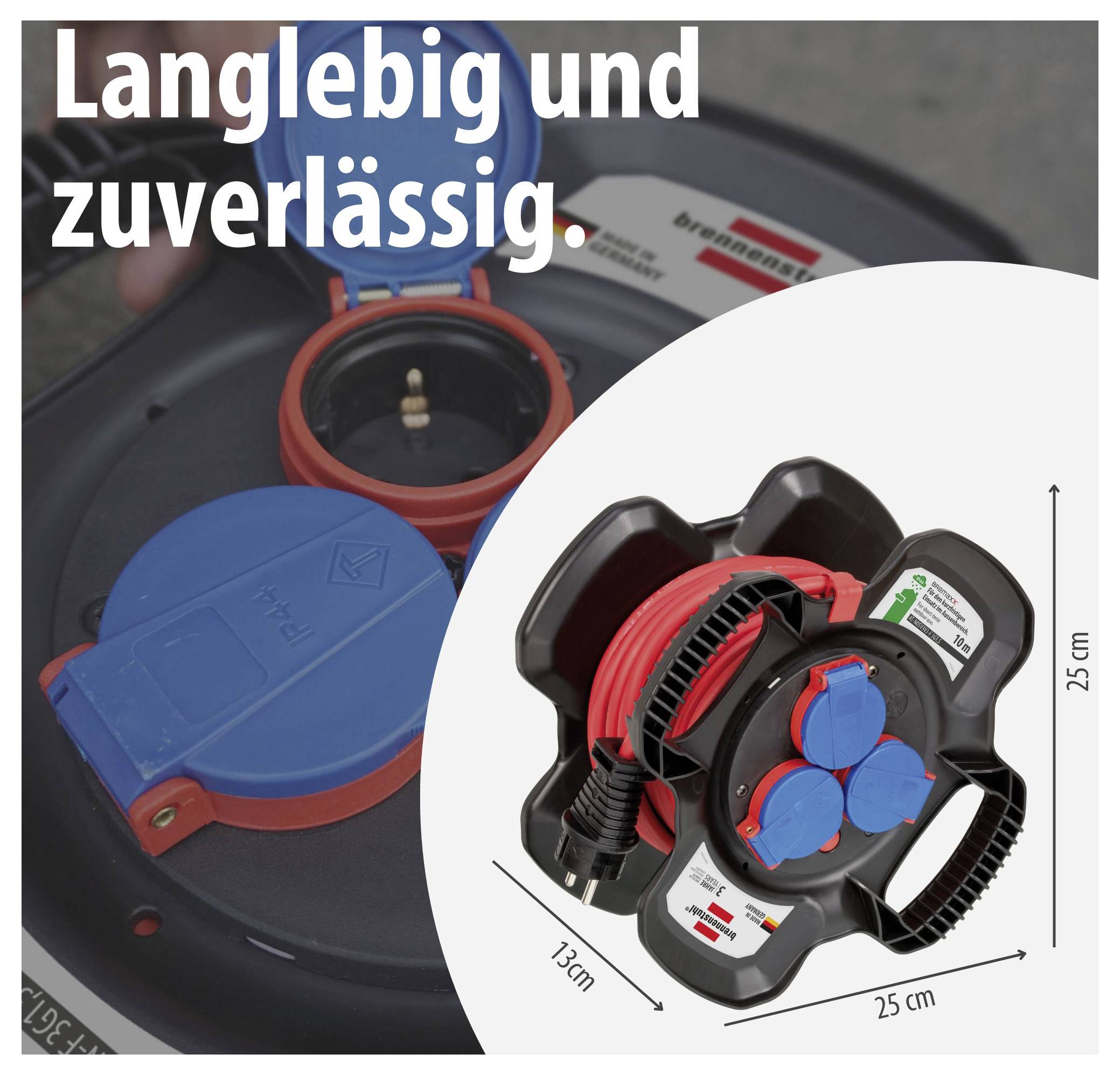 Werbegrafik mit Kabeltrommel und Steckdosenverteiler; Text: 'Langlebig und zuverlässig.' Maße der Trommel: 25 cm x 25 cm, Kabel 13 m.