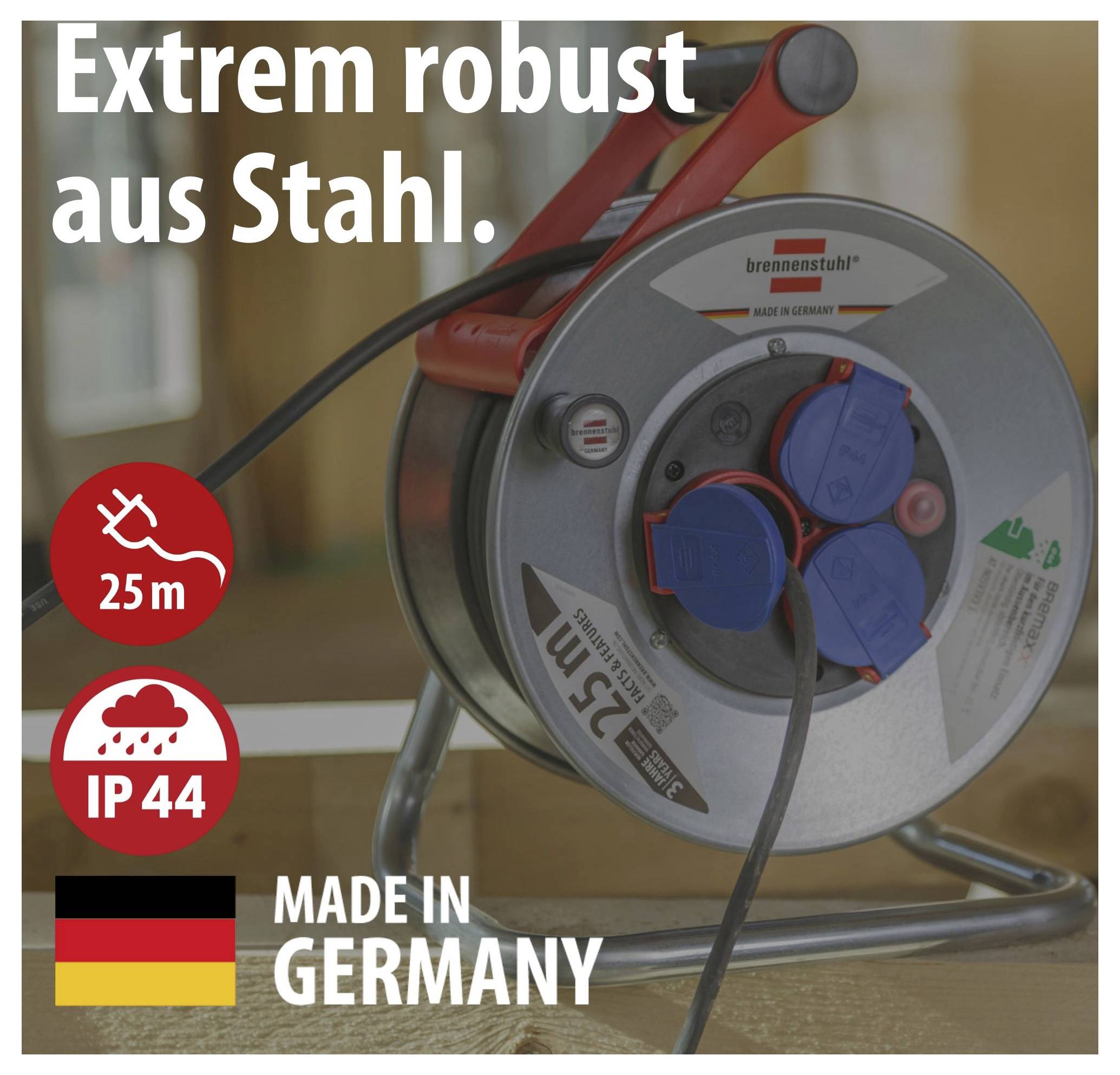 Robuste Kabeltrommel aus Stahl mit 25 m Länge, IP44 und 'Made in Germany'; Werbetext 'Extrem robust aus Stahl.'