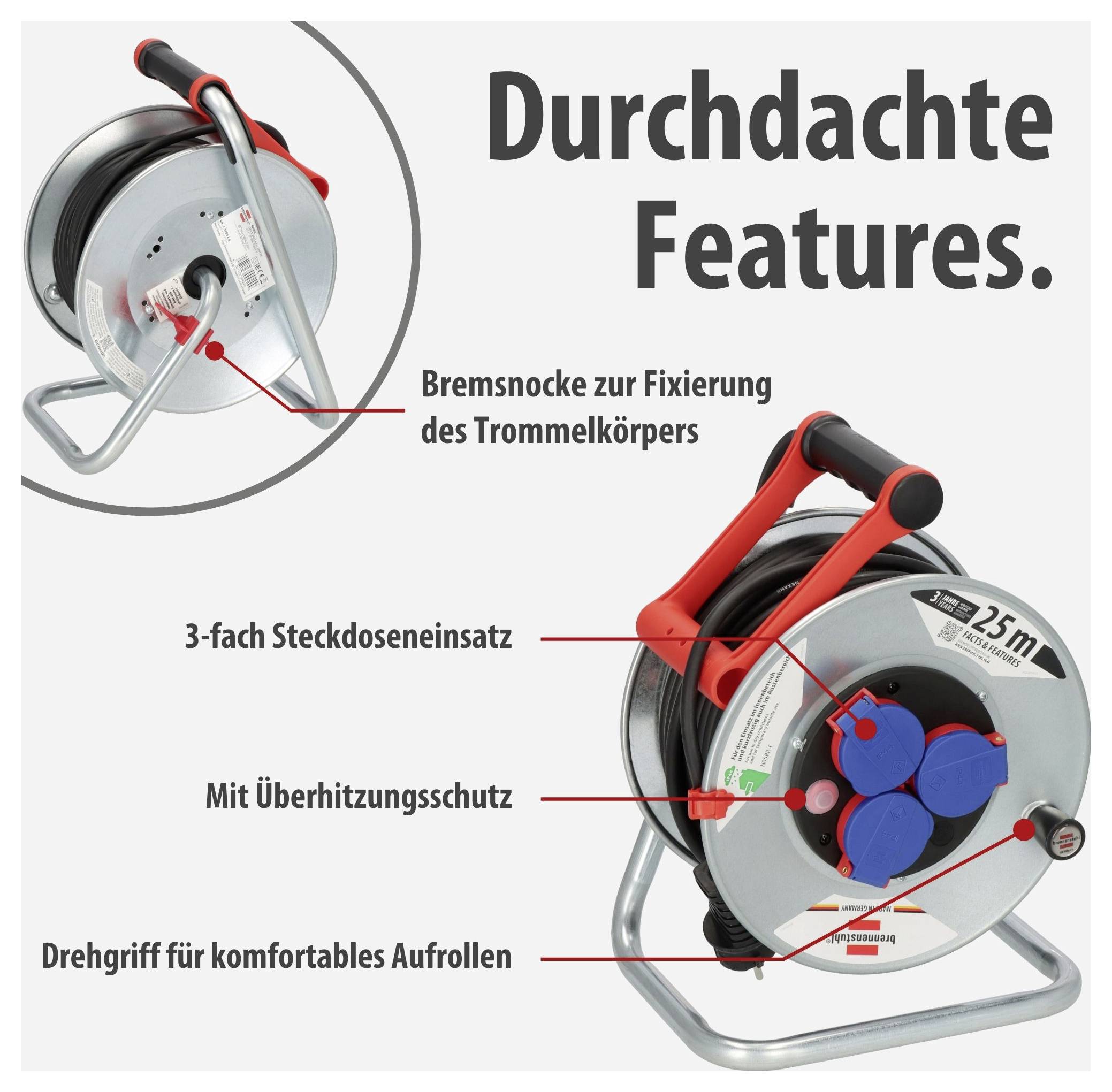 Werbegrafik einer Kabeltrommel mit der Überschrift 'Durchdachte Features': Bremssocke, 3-fach-Steckdoseneinsatz, Überhitzungsschutz und Drehgriff.