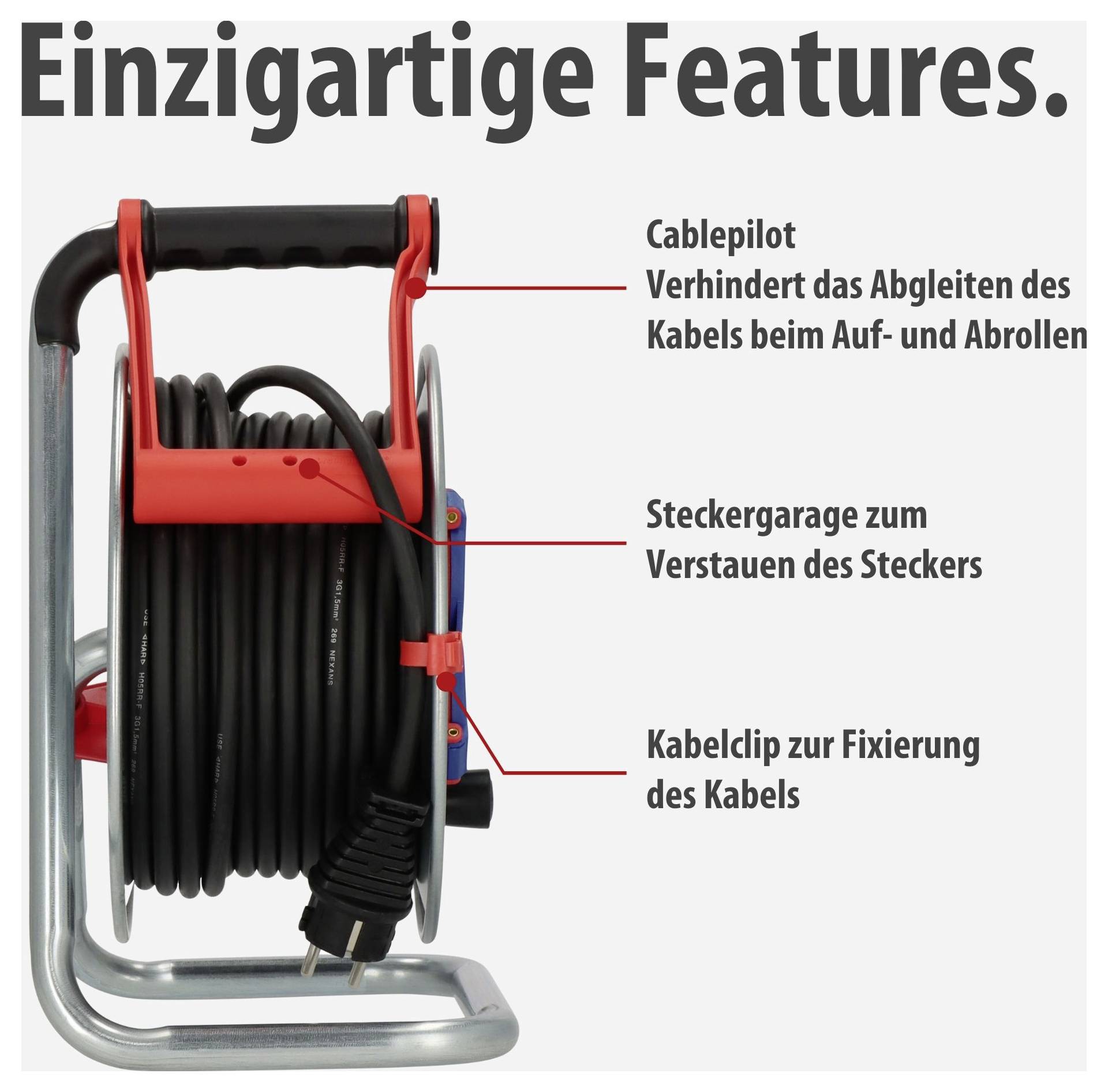 Kabeltrommel mit den Features 'Cablepilot', Steckergarage und Kabelclip; beschriftete Grafik zur Kabelführung und -fixierung.