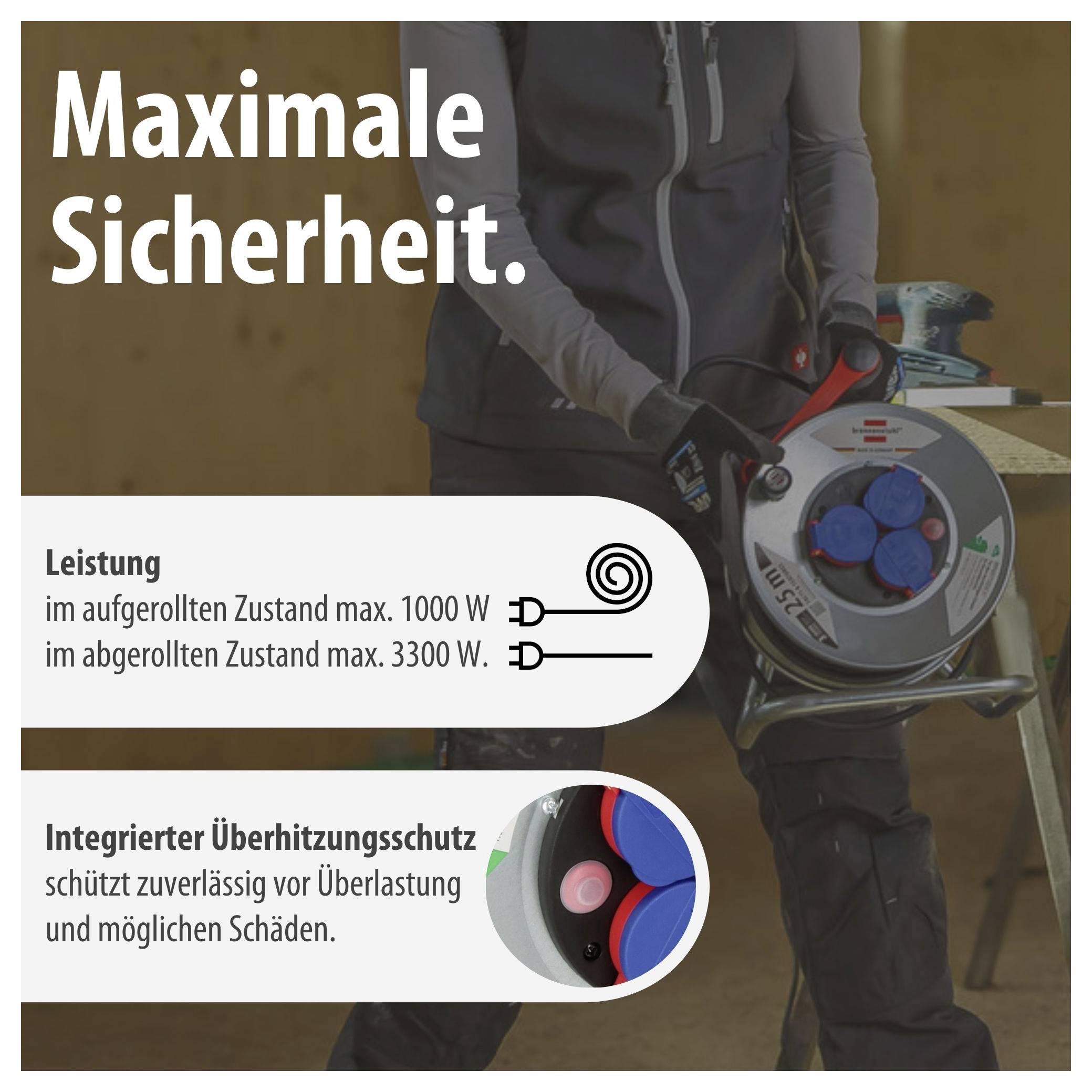 Werbebild für ein Gerät mit der Überschrift 'Maximale Sicherheit.'; nennt Leistung: aufgerollt max. 1000 W, abgerollt max. 3300 W, sowie integrierten Überhitzungsschutz.