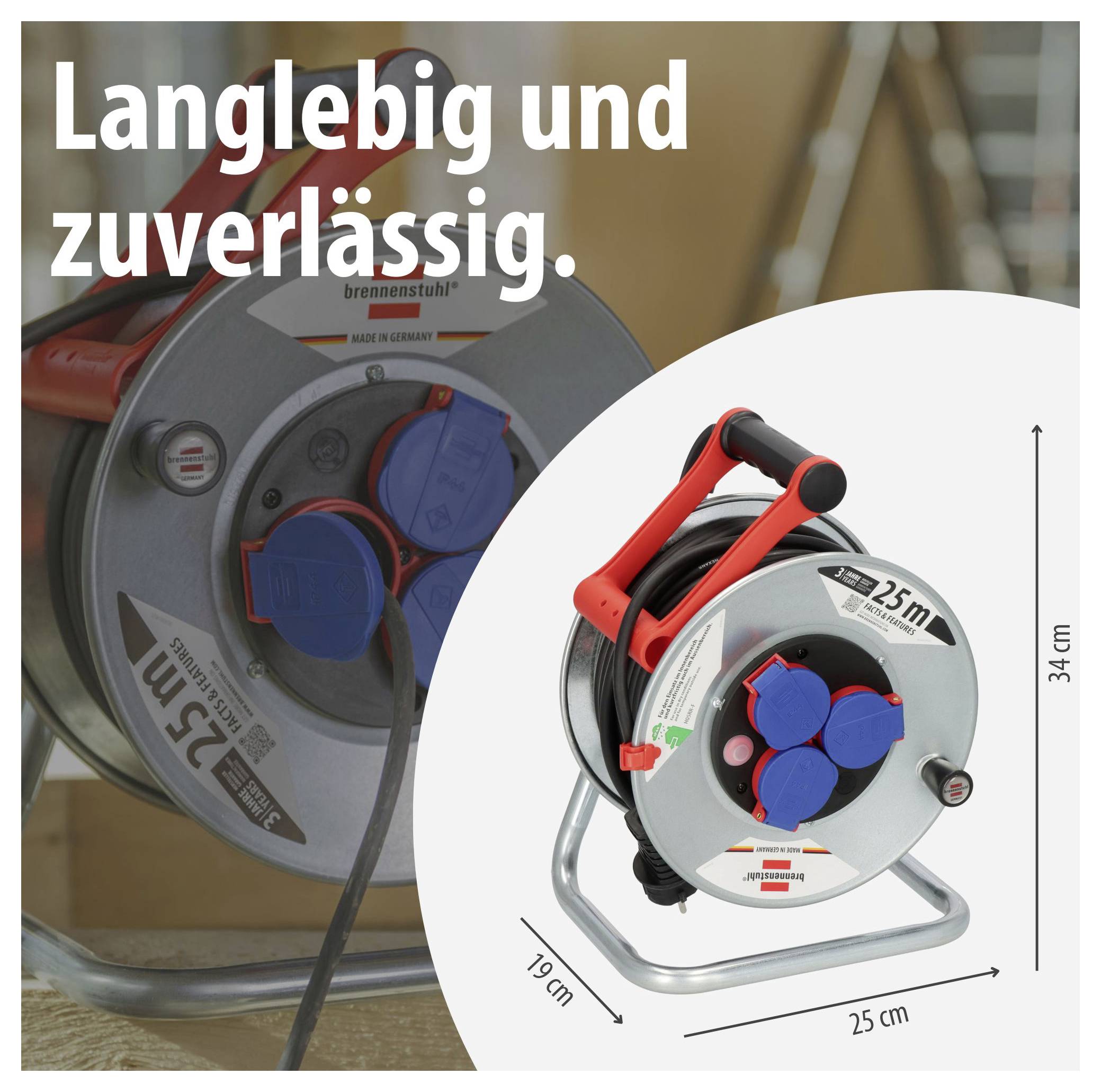 Werbeabbildung einer Kabeltrommel: links unscharf im Einsatz, rechts Produkt mit Aufdruck 'Langlebig und zuverlässig.', Maße 25 cm, 19 cm und 34 cm.