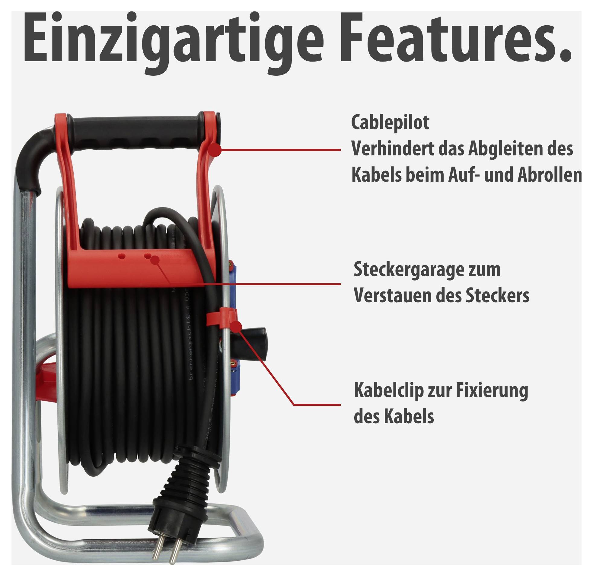 Kabeltrommel mit 'Einzigartige Features': Cablepilot verhindert Kabelabrutschen, Steckergarage und Kabelclip zur Fixierung.