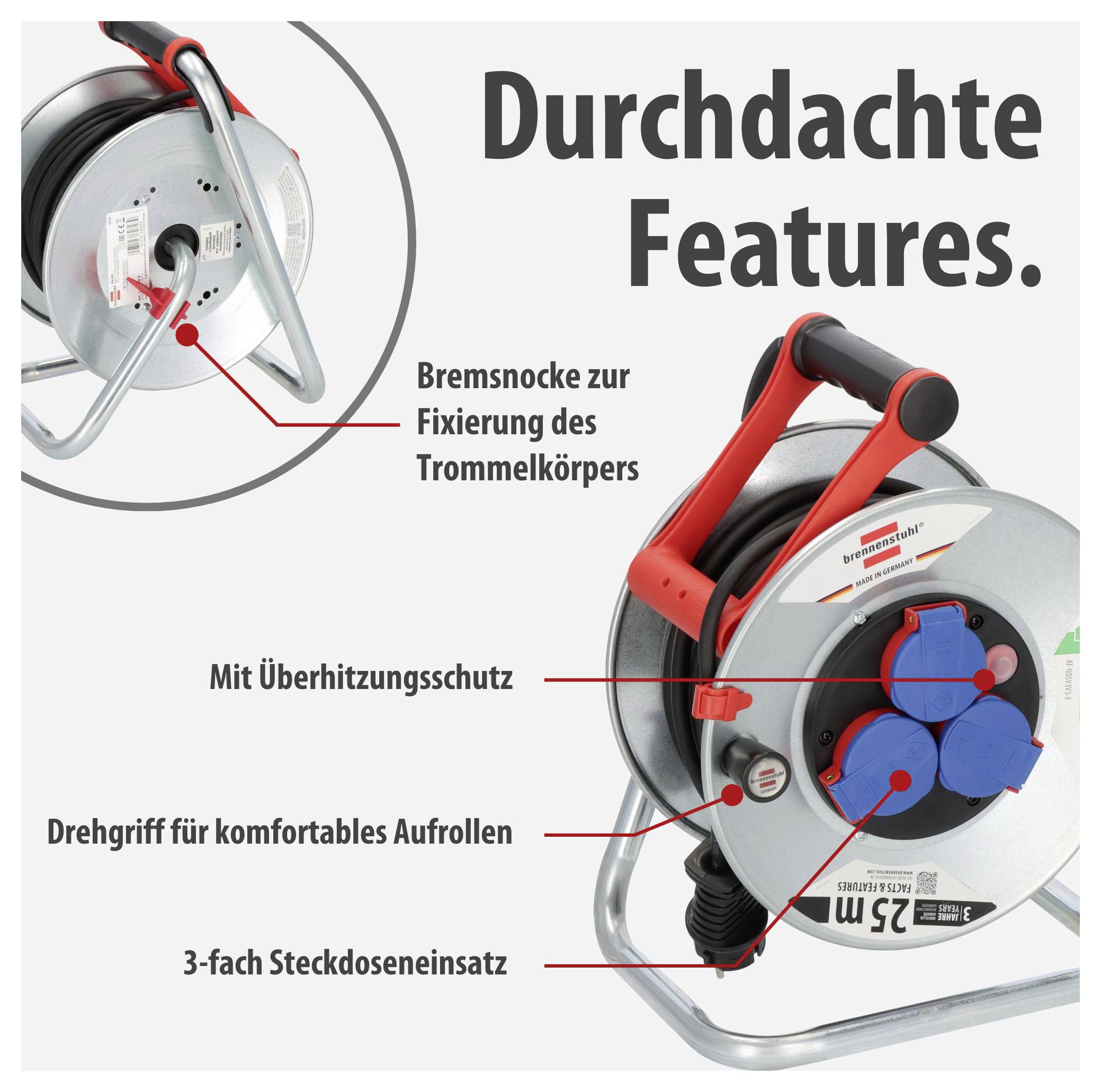 Werbeabbildung einer Kabeltrommel mit der Überschrift 'Durchdachte Features': Bremssocke, Überhitzungsschutz, Drehgriff und 3-fach Steckdoseneinsatz.