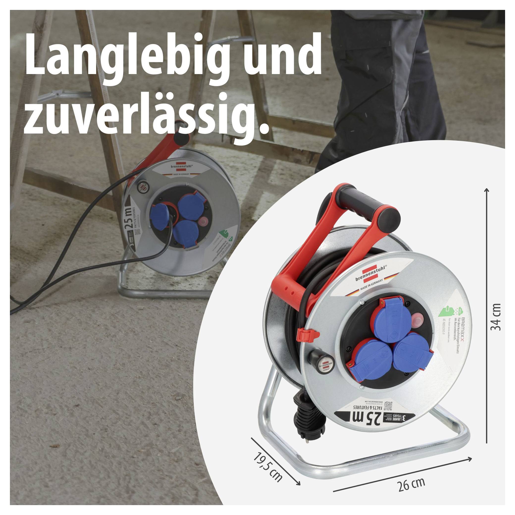Kabeltrommel mit vier Steckdosen, beworben mit 'Langlebig und zuverlässig.'; Maße: 25 cm, 26 cm und 34 cm.
