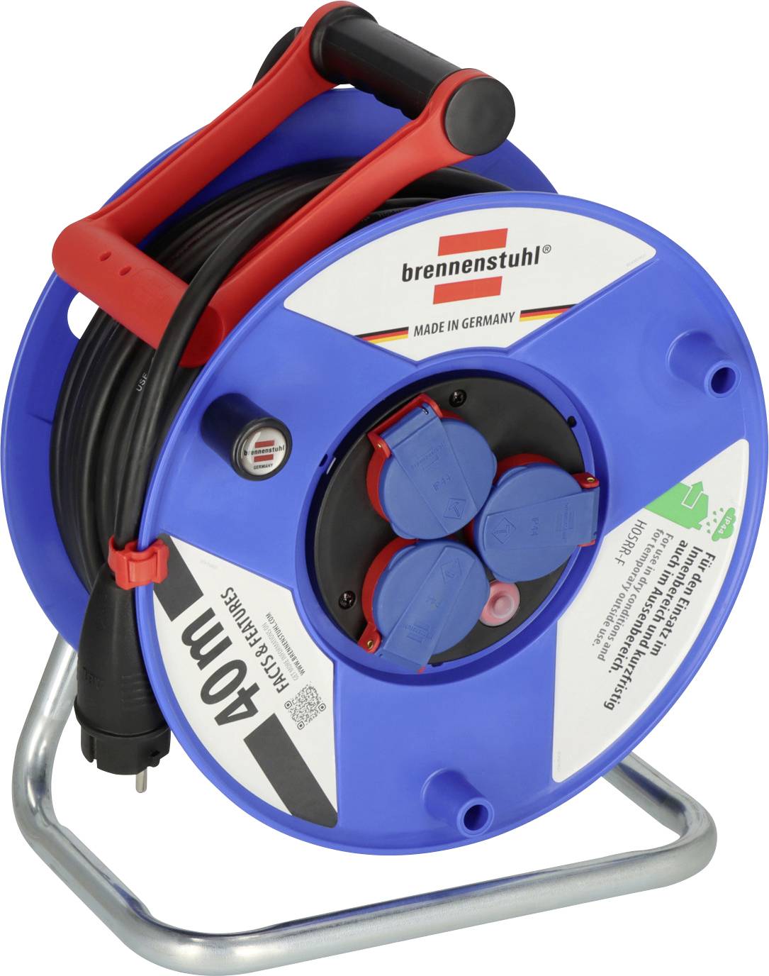 Blau-schwarze Kabelrolle mit roten Griffen und schwarzem Kabel, beschriftet mit 