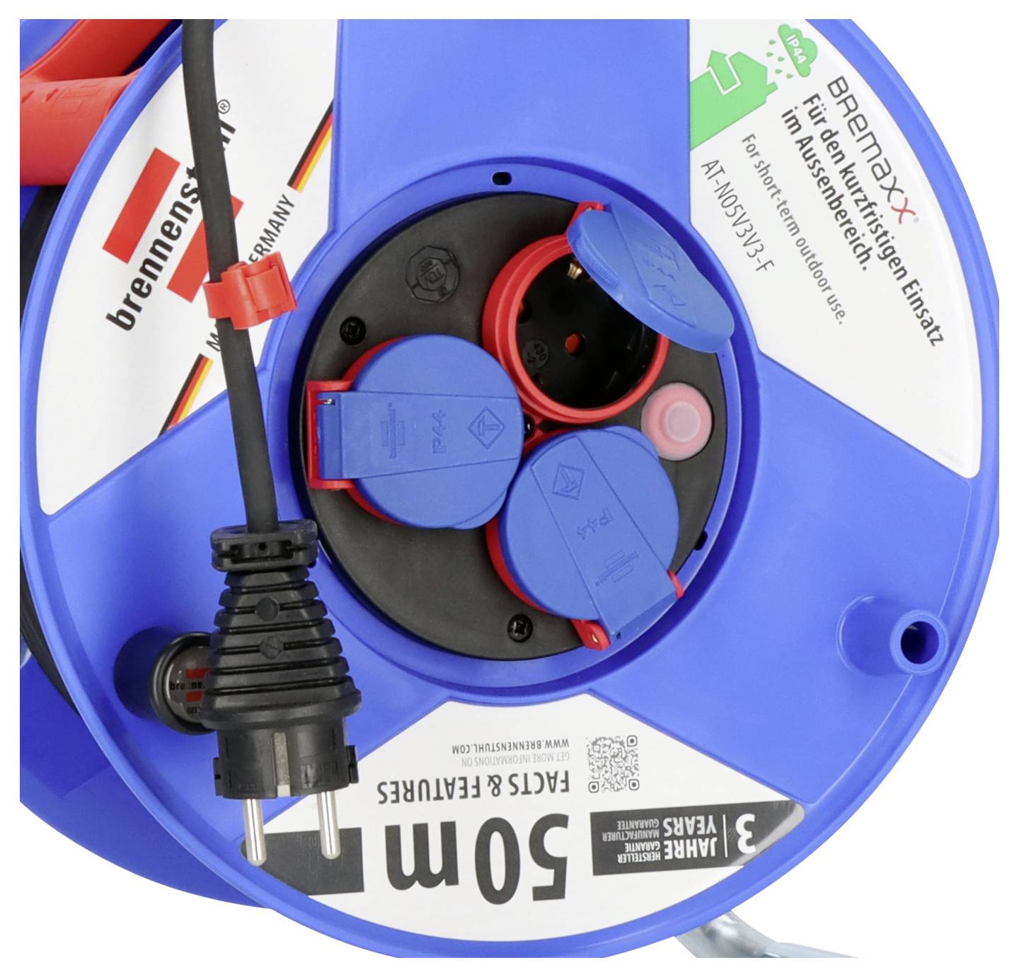 Eine blaue Kabelrolle mit der Beschriftung „50m