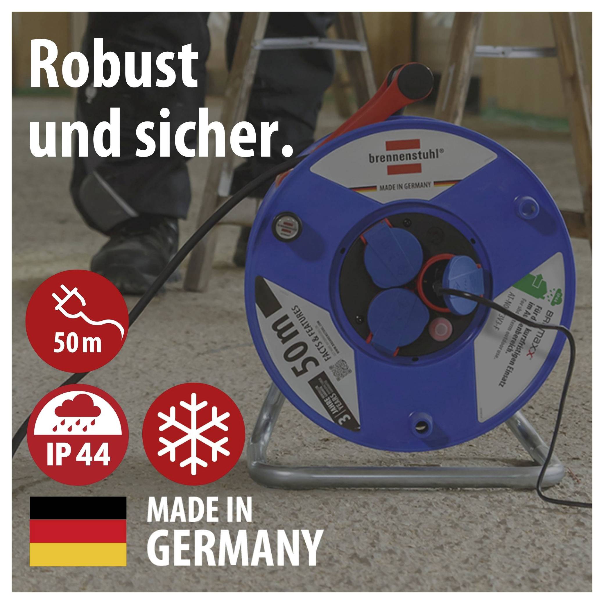 Kabeltrommel von Brennenstuhl mit Text 'Robust und sicher.', 50 m, IP44, frostbeständig und 'Made in Germany'.