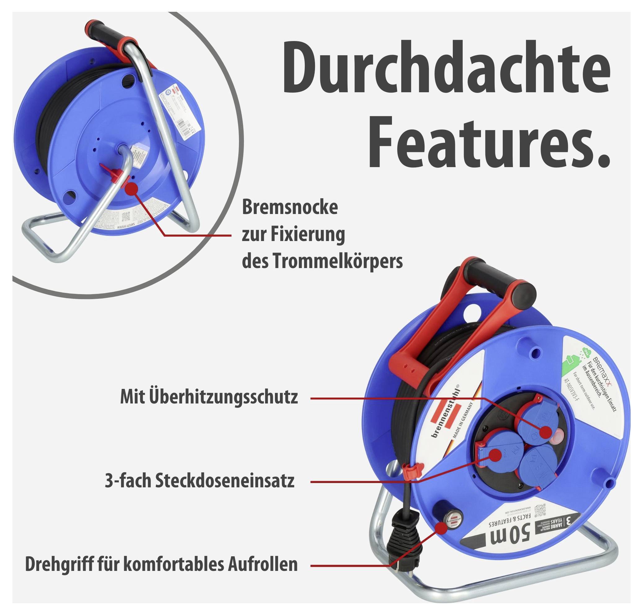 Werbegrafik einer Kabeltrommel mit den hervorgehobenen Merkmalen 'Bremssnocke', Überhitzungsschutz, 3-fach Steckdoseneinsatz und Drehgriff zum Aufrollen.