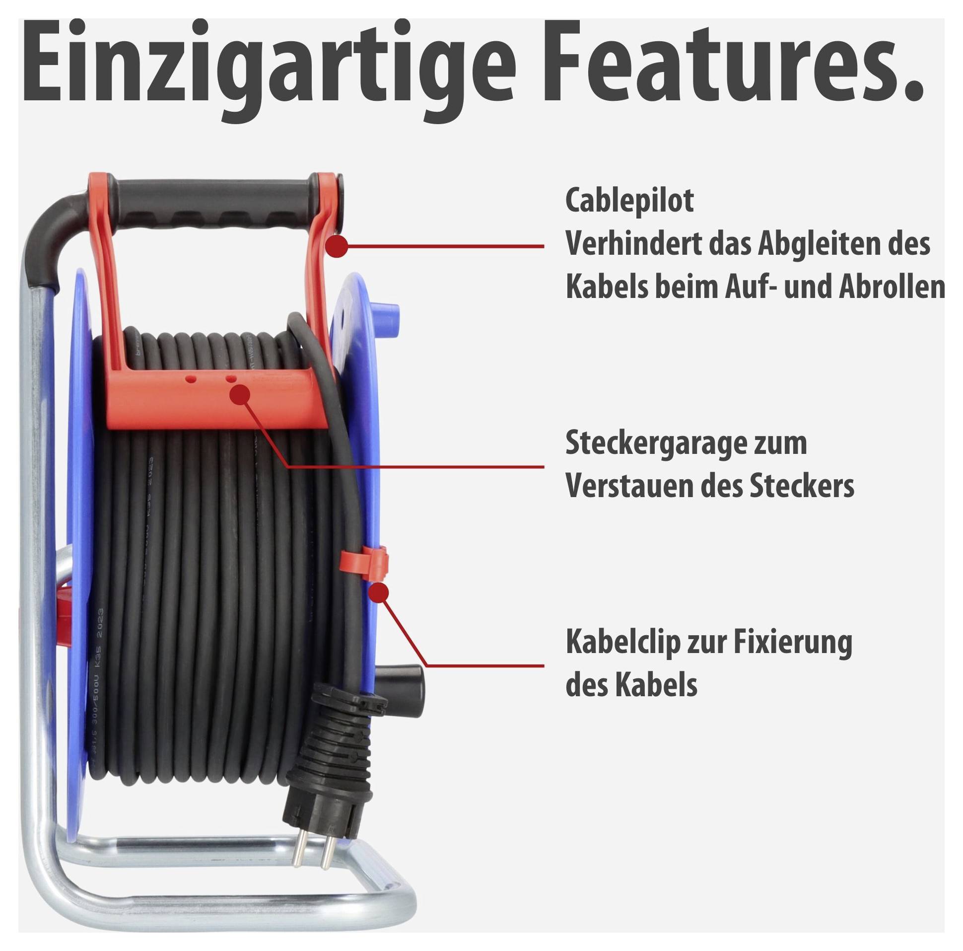 Illustration einer Kabeltrommel mit den Funktionen 'Cablepilot', Steckergarage und Kabelclip; zeigt Aufbewahrung und Fixierung des Kabels.
