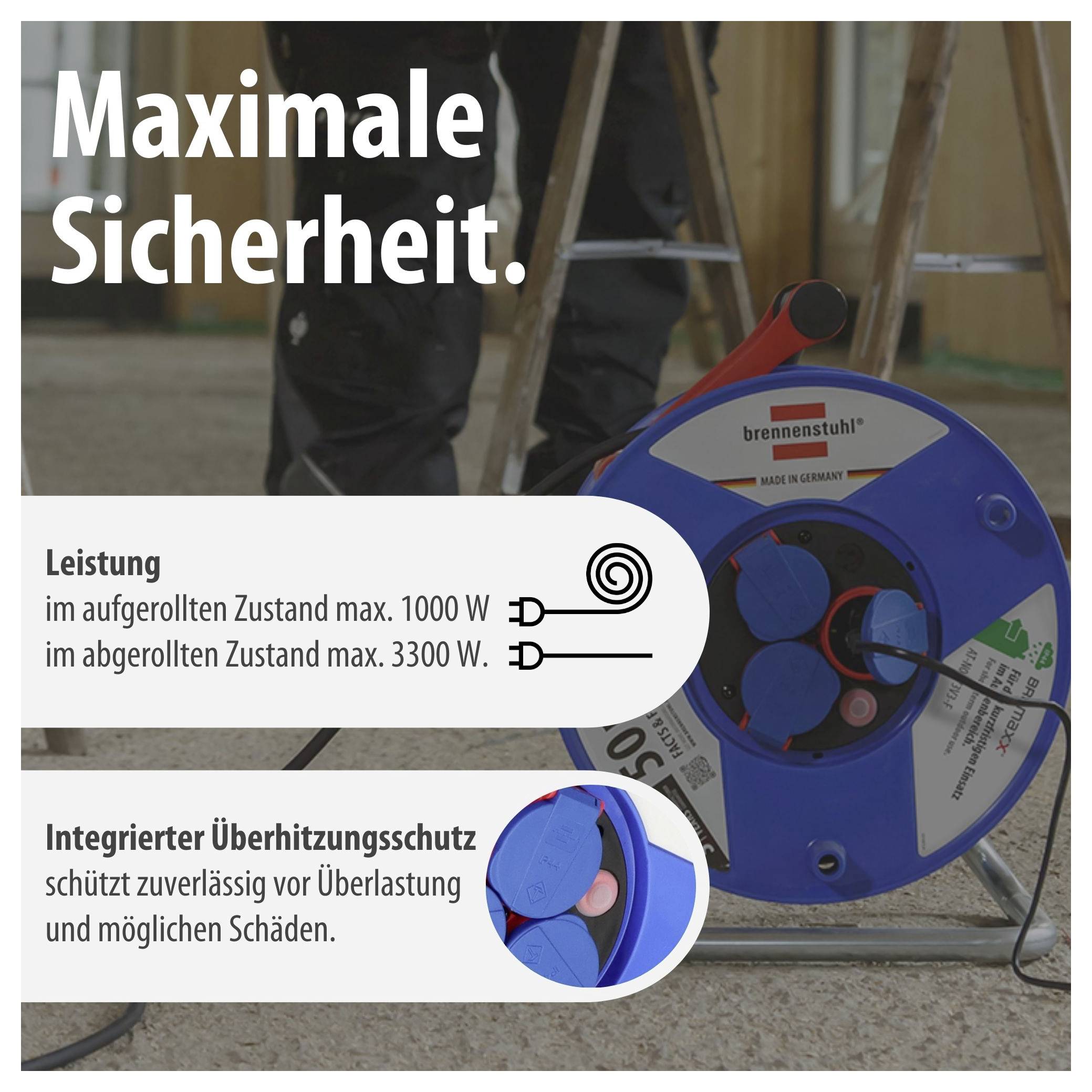 Werbegrafik für eine Kabeltrommel: 'Maximale Sicherheit', integrierter Überhitzungsschutz und Leistung bis 3300 W abgerollt, 1000 W aufgerollt.