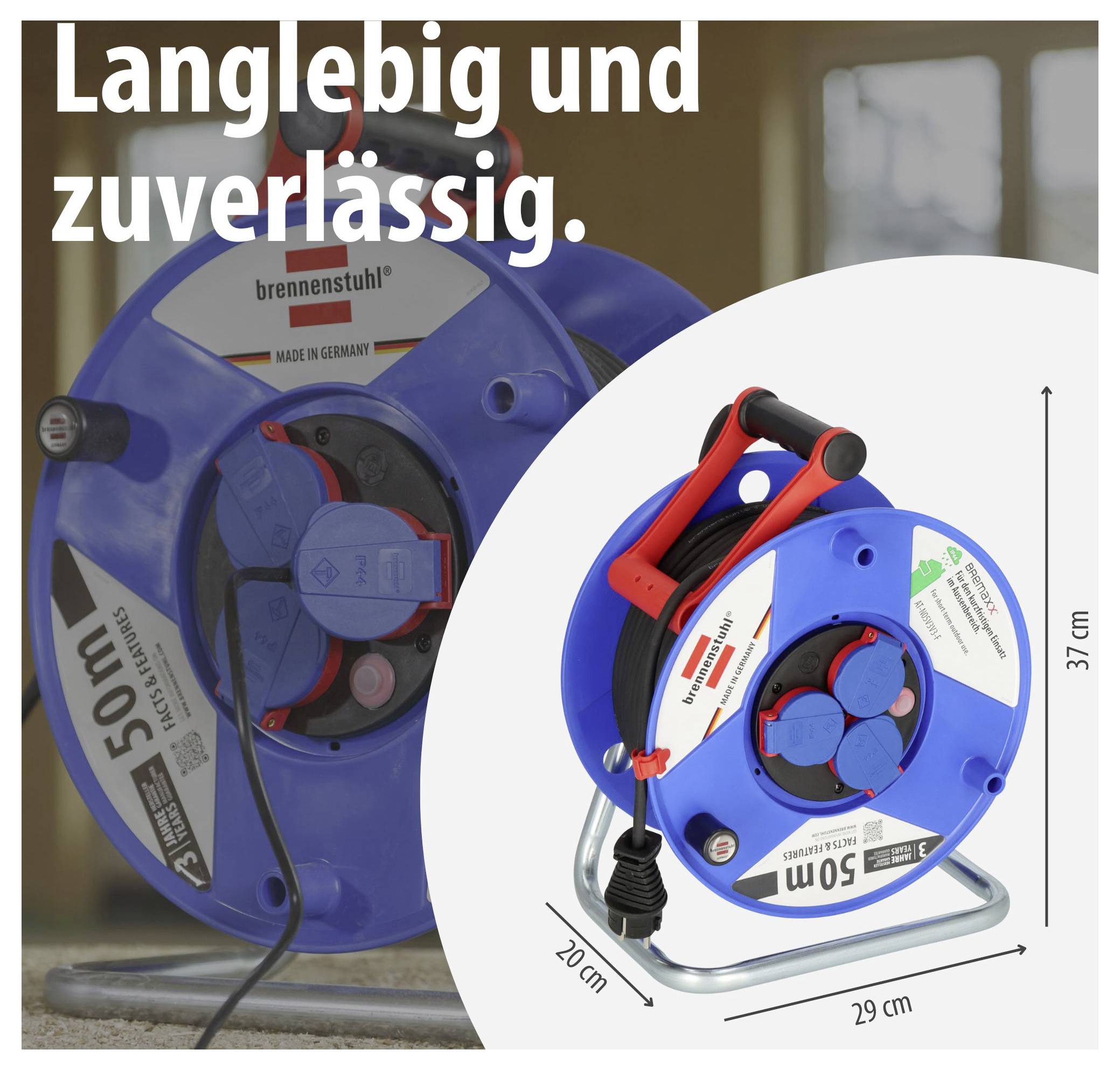 Werbeabbildung einer blauen Kabeltrommel von Brennenstuhl mit dem Slogan 'Langlebig und zuverlässig.' sowie den Maßen 20 x 29 x 37 cm.