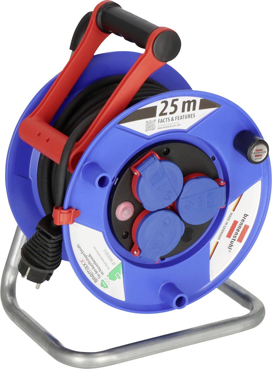 Blaue 25-m-Elektrokabelrolle auf einem Metallständer mit rotem Tragegriff und mehreren abgedeckten Steckdosen.