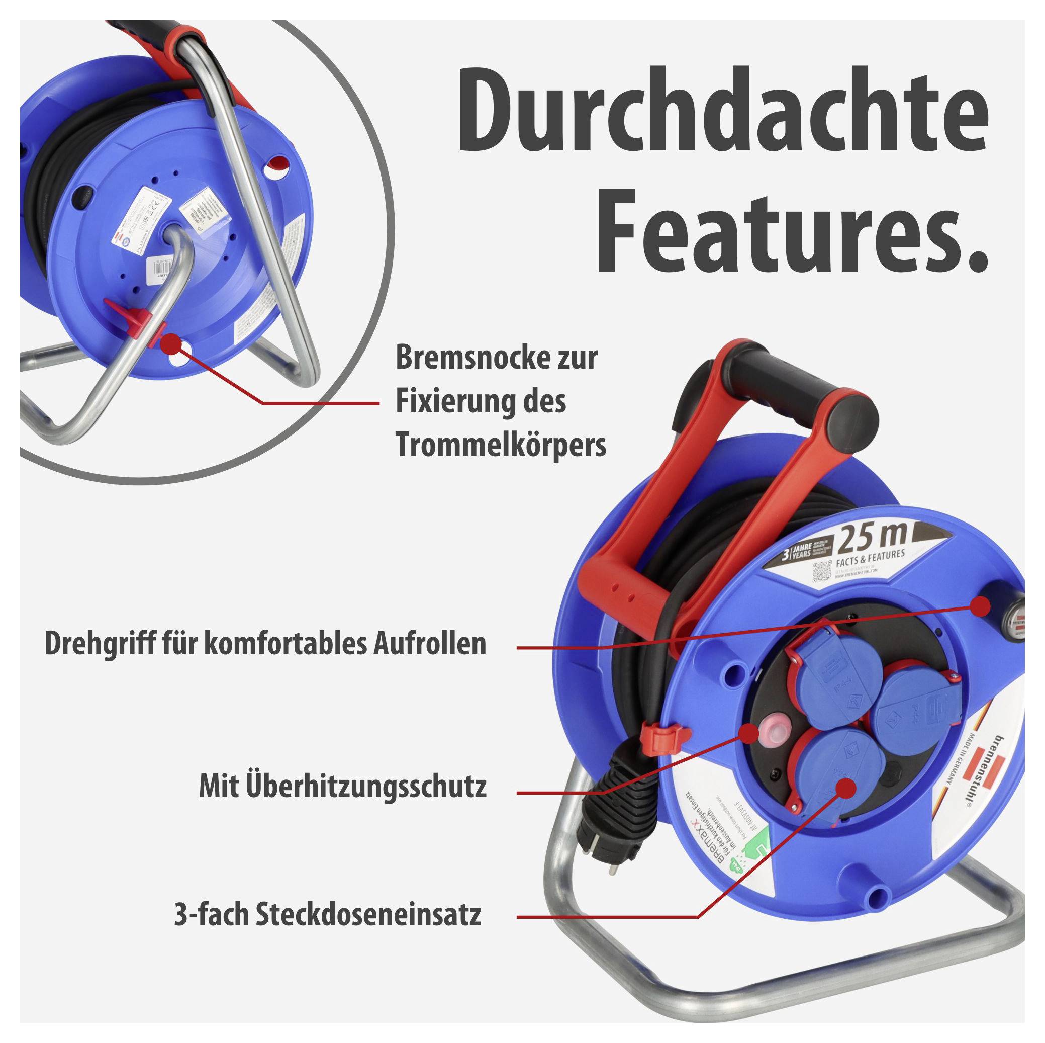 Werbegrafik einer blauen Kabeltrommel mit Text 'Durchdachte Features': Bremsnocke, Drehgriff, Überhitzungsschutz und 3-fach Steckdoseneinsatz sind beschriftet.