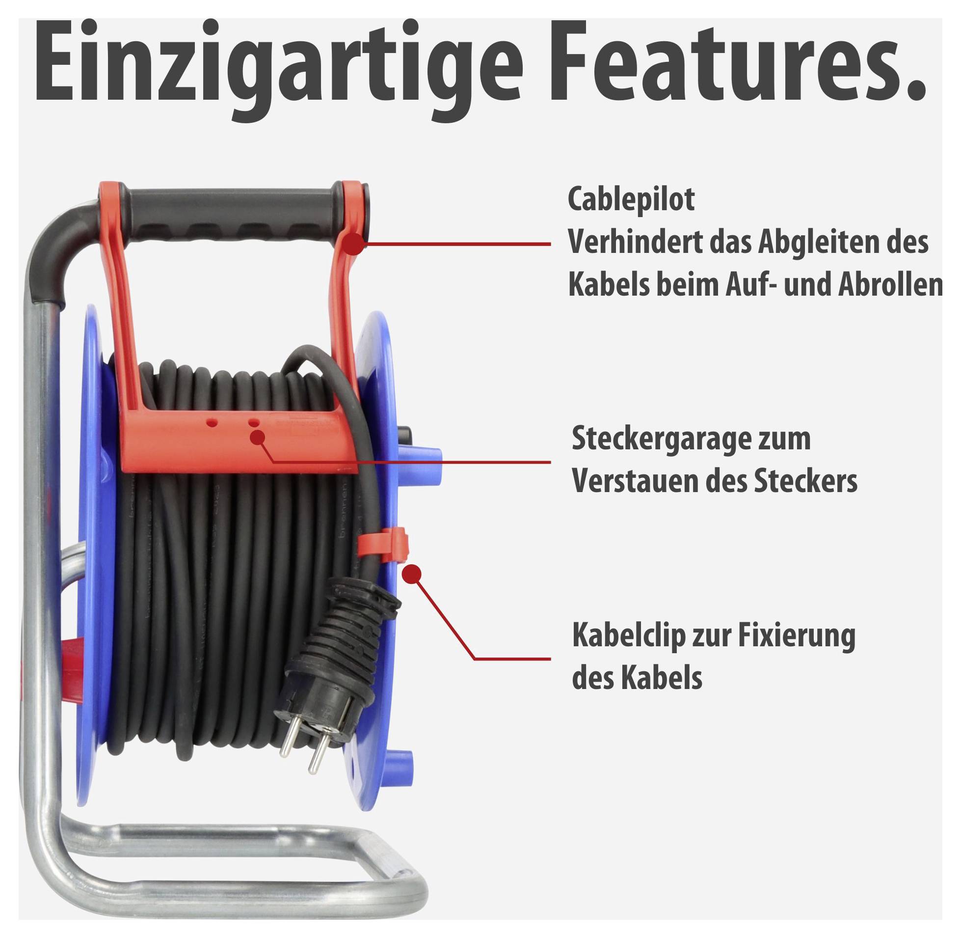 Kabeltrommel mit den Merkmalen Cablepilot, Steckergarage und Kabelclip; verhindert Kabelabrutschen und fixiert den Stecker.
