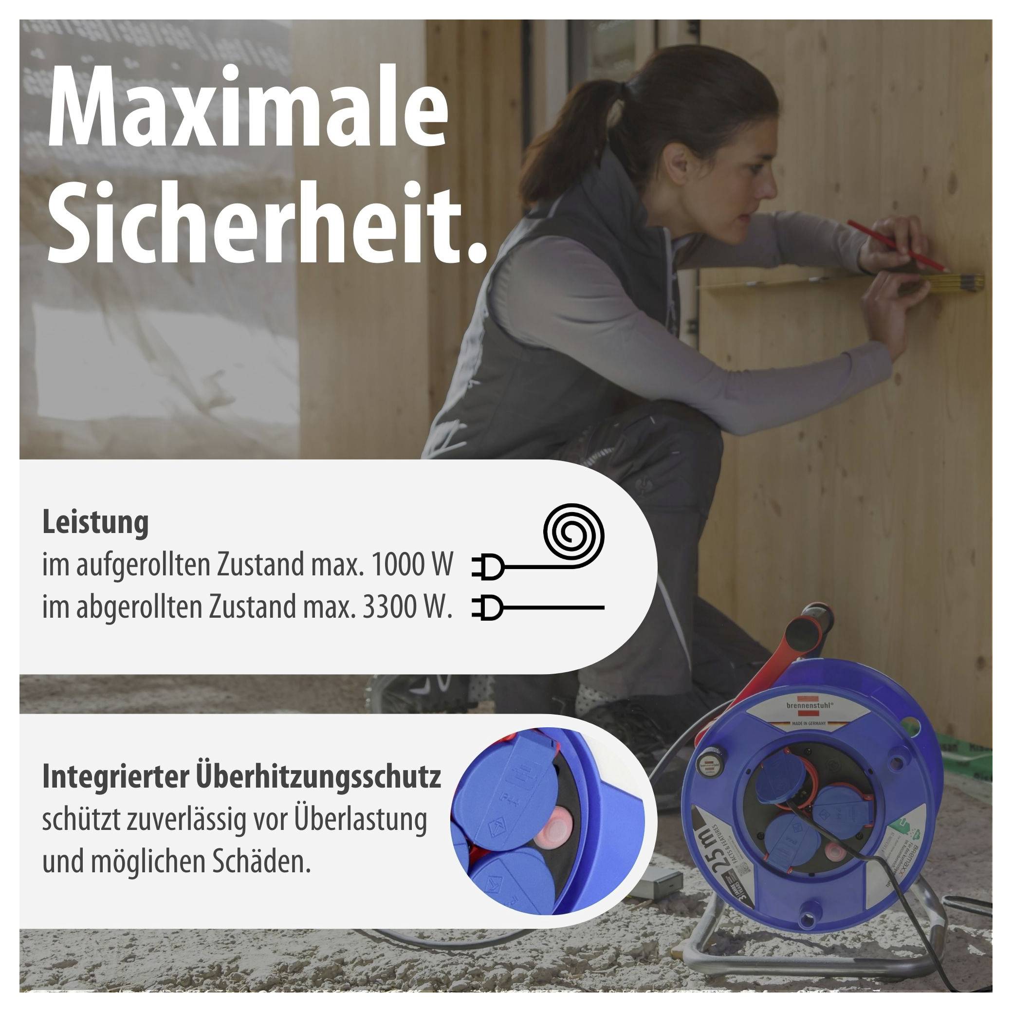 Werbeplakat für ein Kabel: Überschrift 'Maximale Sicherheit'. Es zeigt Leistungsangaben und integrierten Überhitzungsschutz, während eine Frau das Kabel montiert.