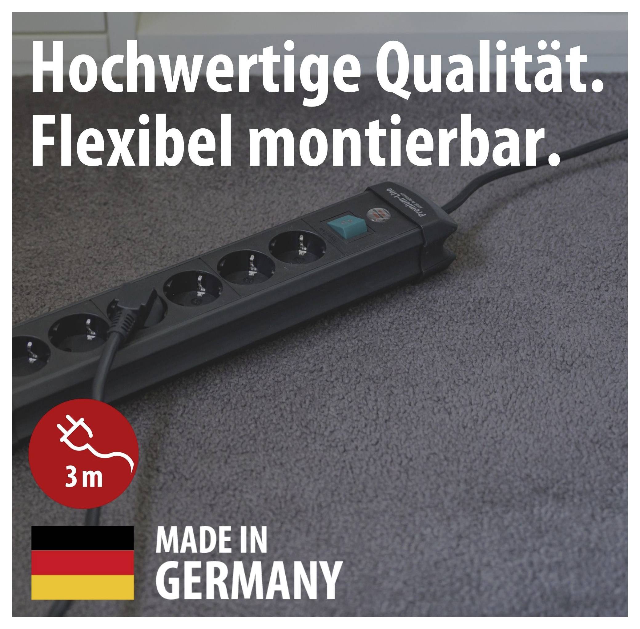 Steckdosenleiste mit 3 m Kabel auf grauem Teppich; Text: 'Hochwertige Qualität. Flexibel montierbar.' sowie 'MADE IN GERMANY'.