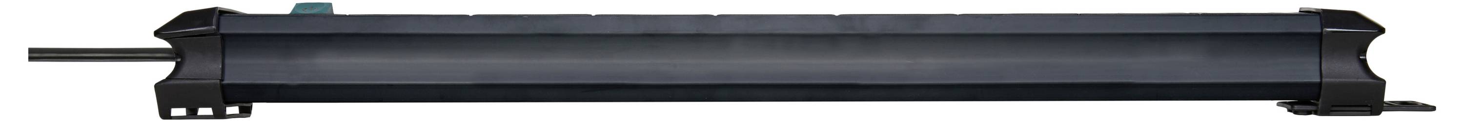 Lange schwarze zylindrische Leuchte oder Leuchtenstab horizontal an einer weißen Wand montiert.