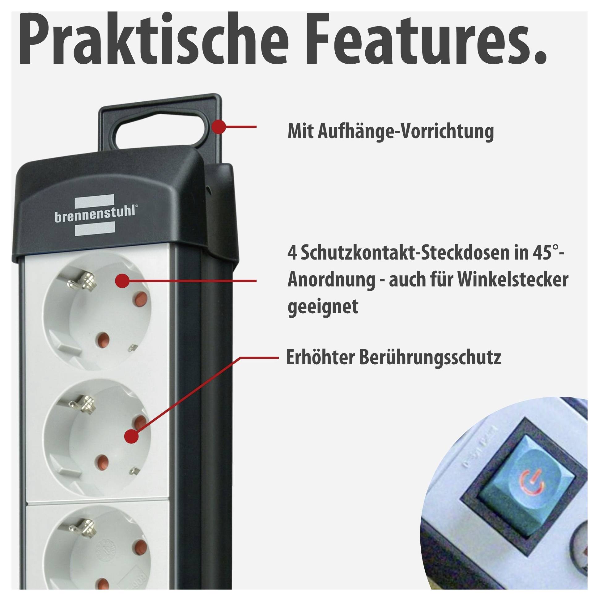 Produktfoto einer Brennenstuhl-Steckdosenleiste mit Aufhängevorrichtung, 4 Schutzkontakt-Steckdosen in 45°-Anordnung und erhöhtem Berührungsschutz; Text hebt diese Features hervor.