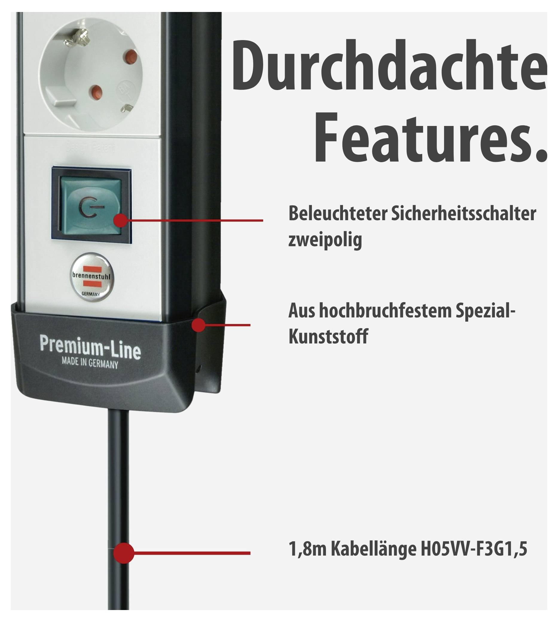 Produktabbildung einer Steckdosenleiste mit hervorgehobenen Merkmalen: beleuchteter zweipoliger Sicherheitsschalter, bruchfester Spezialkunststoff und 1,8 m Kabellänge H05VV-F3G1,5.