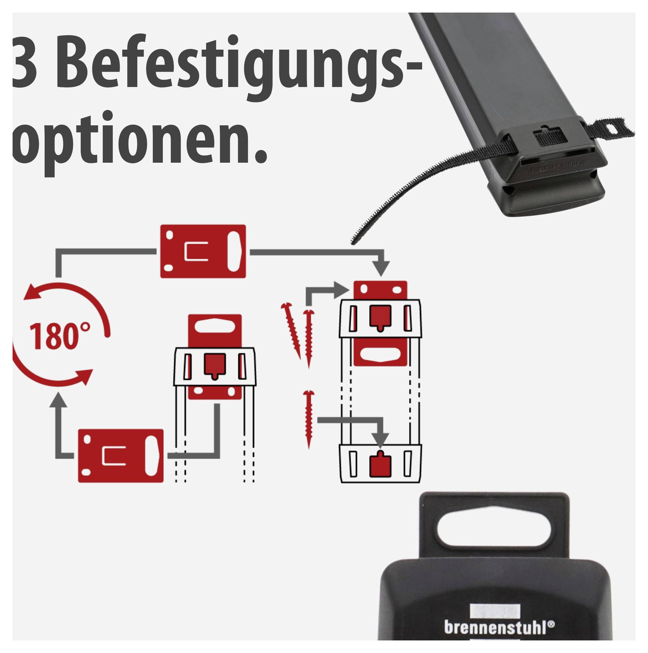 Grafik mit der Überschrift '3 Befestigungsoptionen' für eine Steckdosenleiste, die drei Montagemöglichkeiten und eine 180°-Drehung mit Pfeilen zeigt.