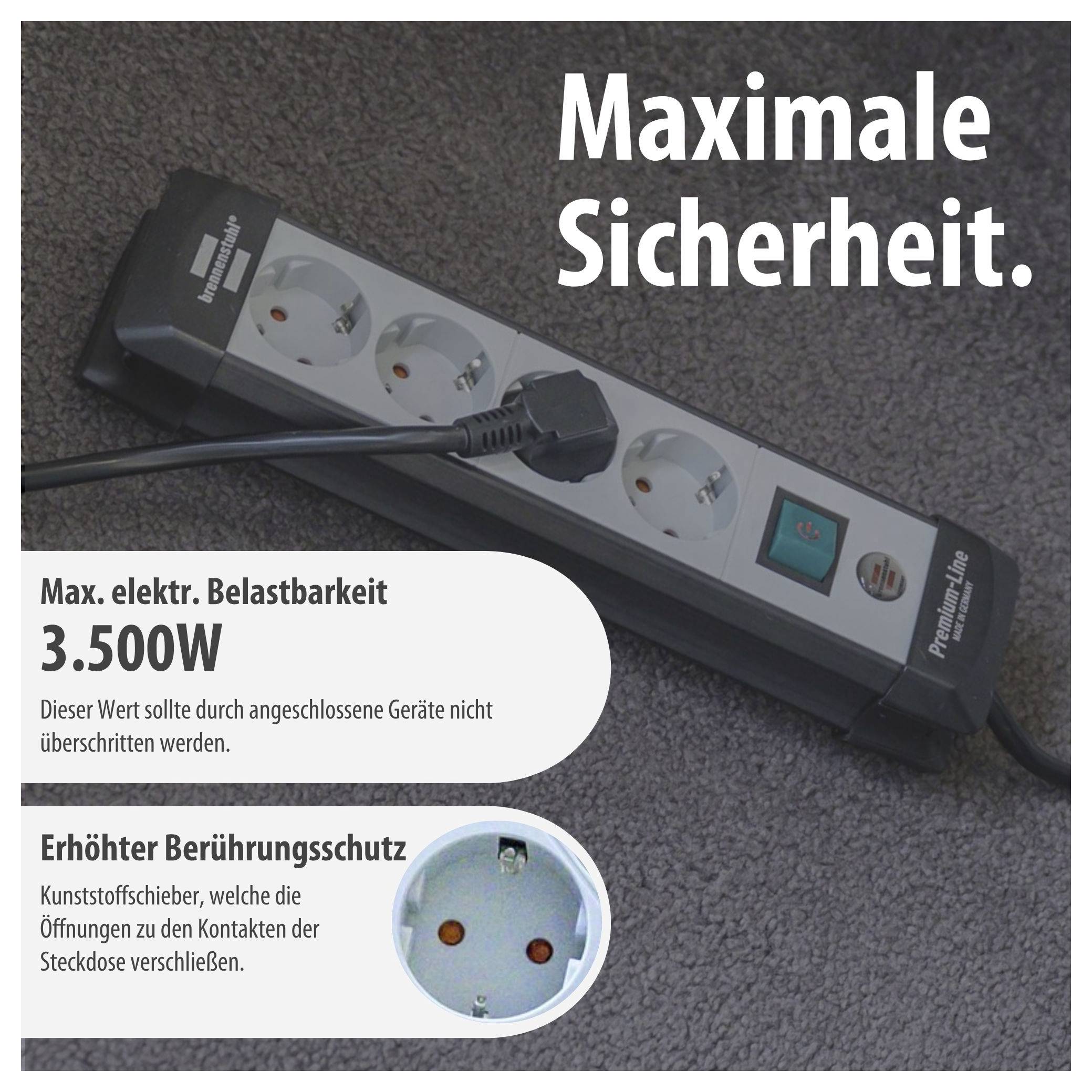 Werbeanzeige für eine Steckdosenleiste mit dem Text 'Maximale Sicherheit.', Belastbarkeit 3.500 W und Hinweis auf erhöhten Berührungsschutz durch Kunststoffschieber.